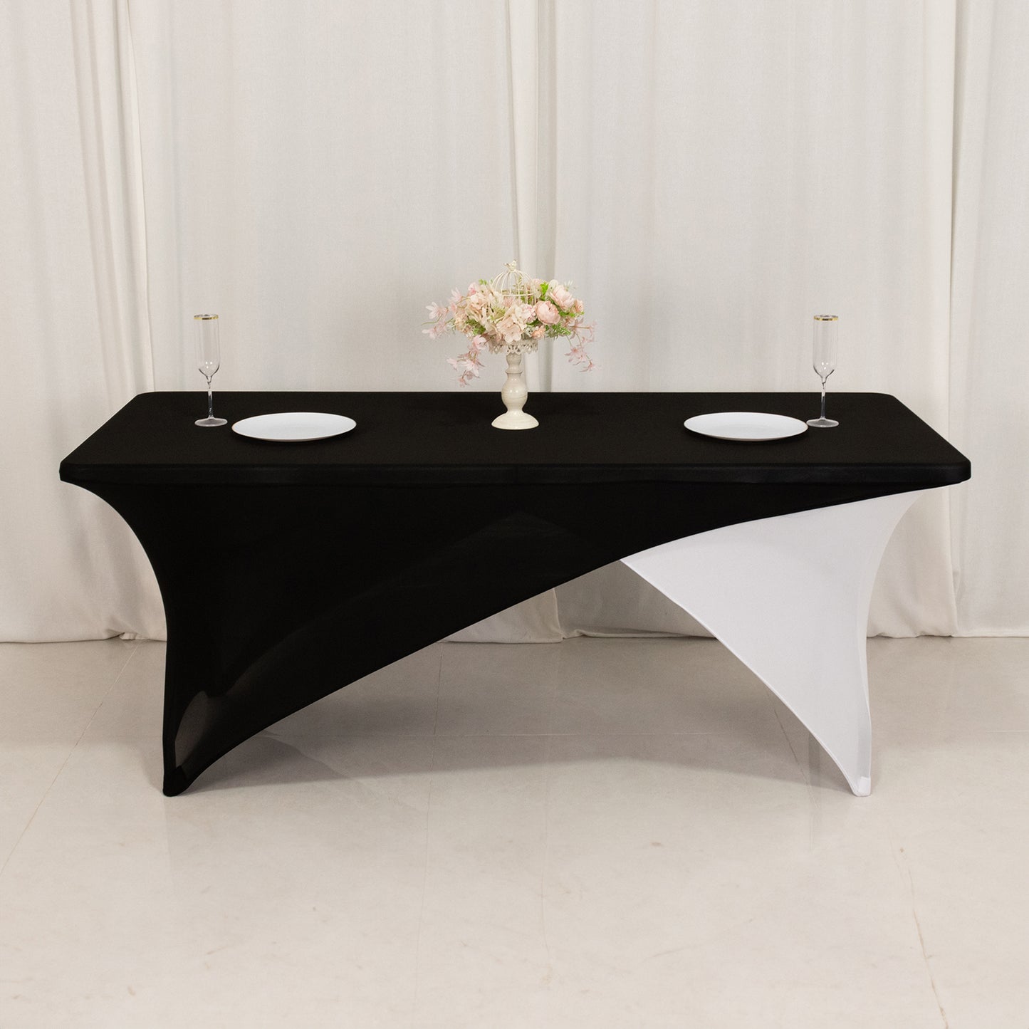 Black White Cross Over Stretch Spandex Table Cover 6ft Rectangular Fitted Tablecloth for 72"x30" Tables