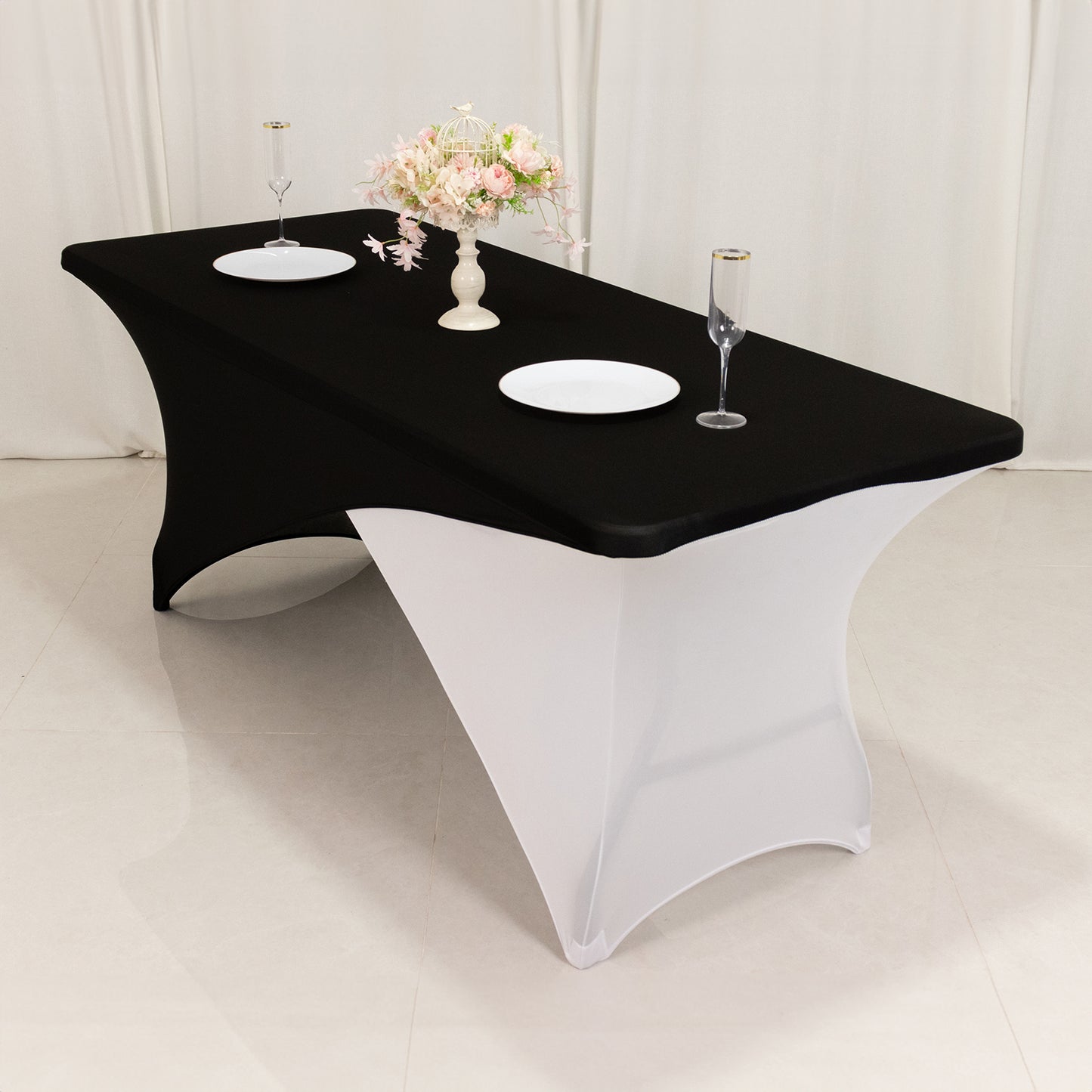 Black White Cross Over Stretch Spandex Table Cover 6ft Rectangular Fitted Tablecloth for 72"x30" Tables