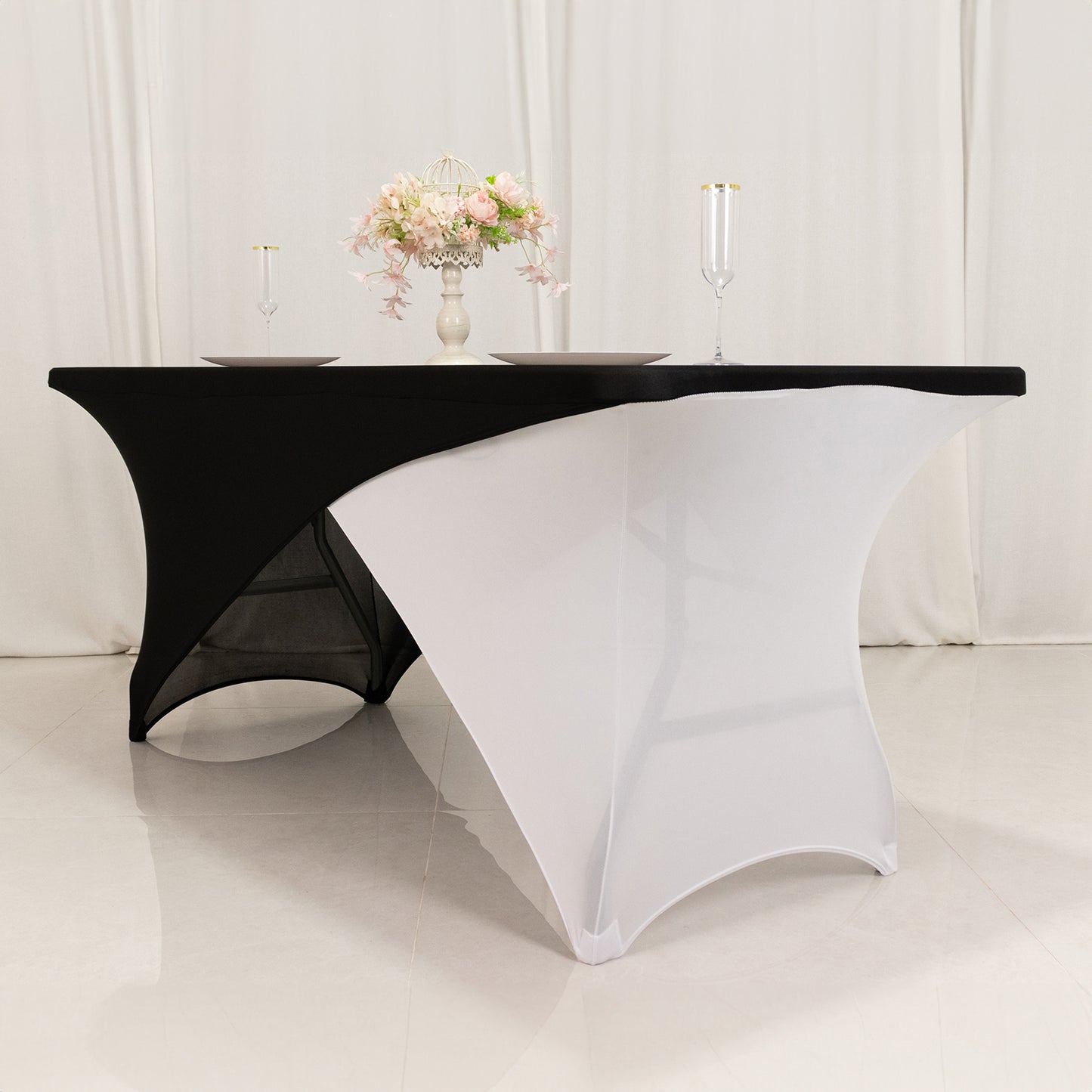 Black White Cross Over Stretch Spandex Table Cover 6ft Rectangular Fitted Tablecloth for 72"x30" Tables