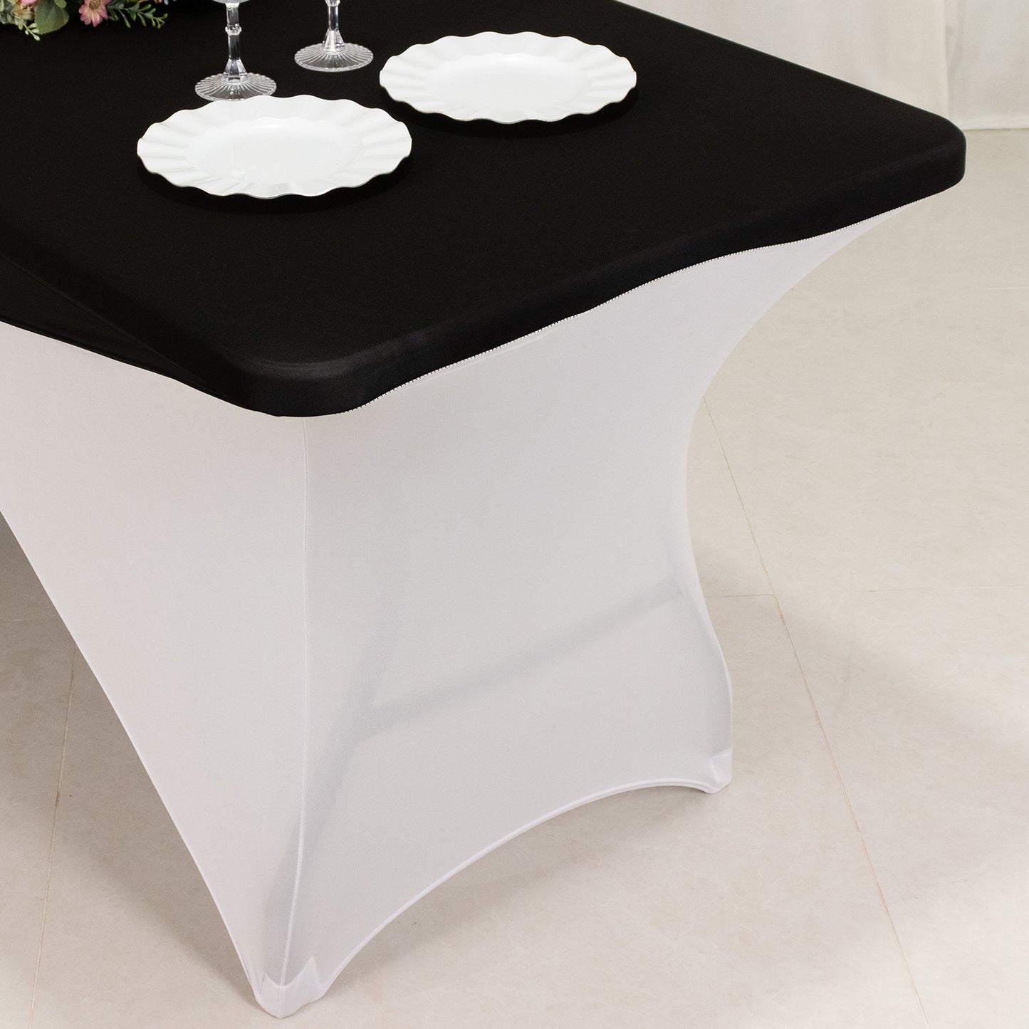 Black White Cross Over Stretch Spandex Table Cover 6ft Rectangular Fitted Tablecloth for 72"x30" Tables