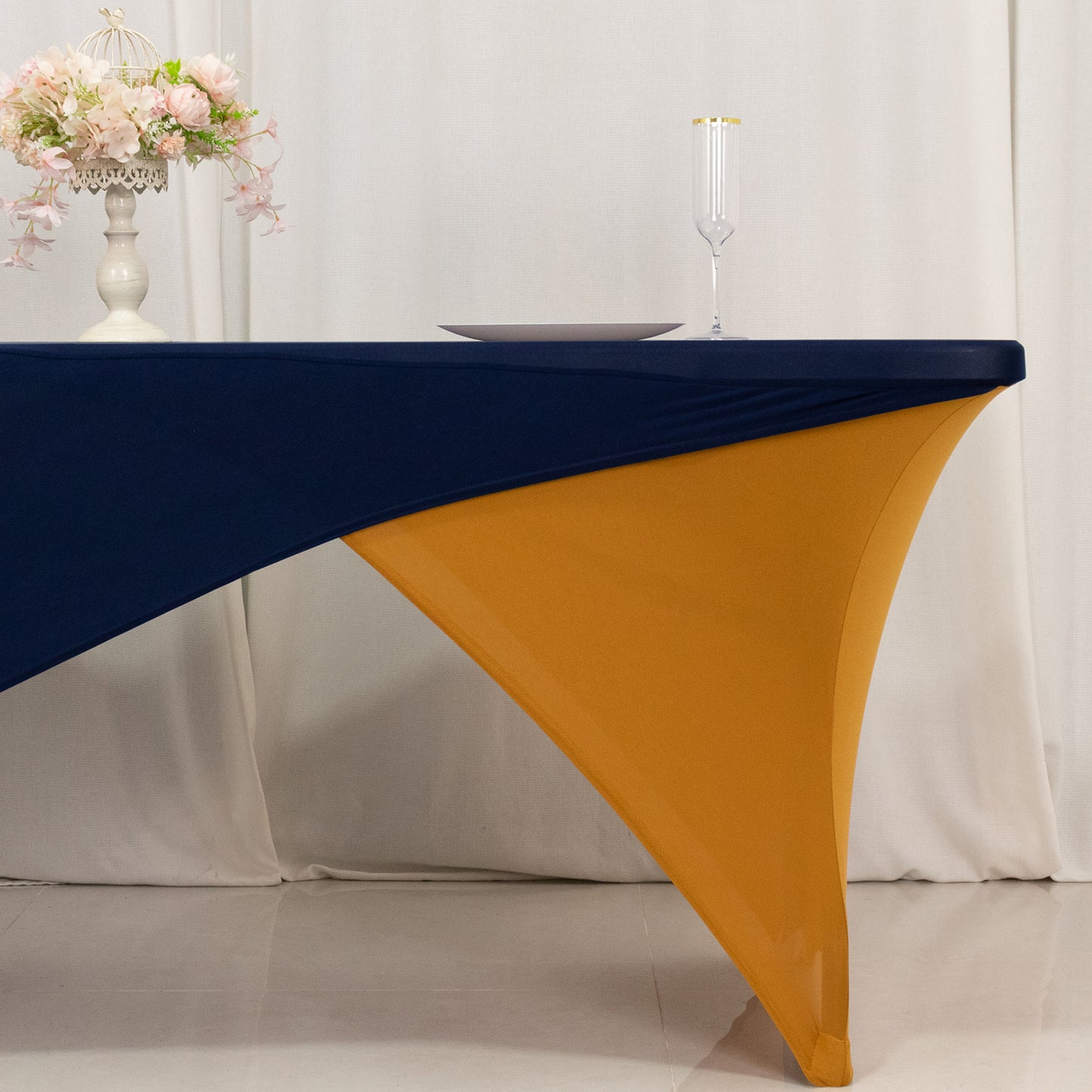 Navy Blue Gold Cross Over Stretch Spandex Table Cover 6ft Rectangular Fitted Tablecloth for 72"x30" Tables