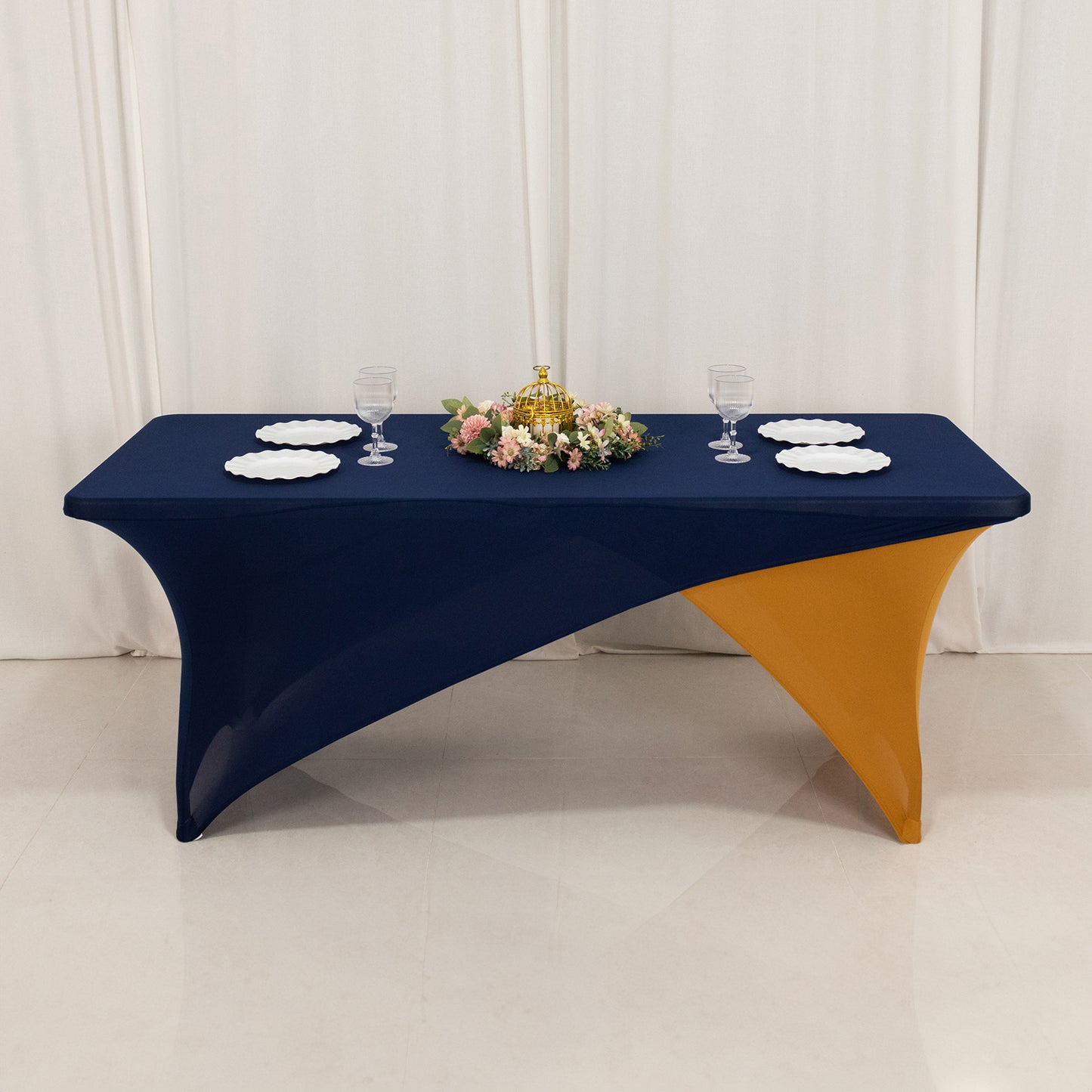 Navy Blue Gold Cross Over Stretch Spandex Table Cover 6ft Rectangular Fitted Tablecloth for 72"x30" Tables