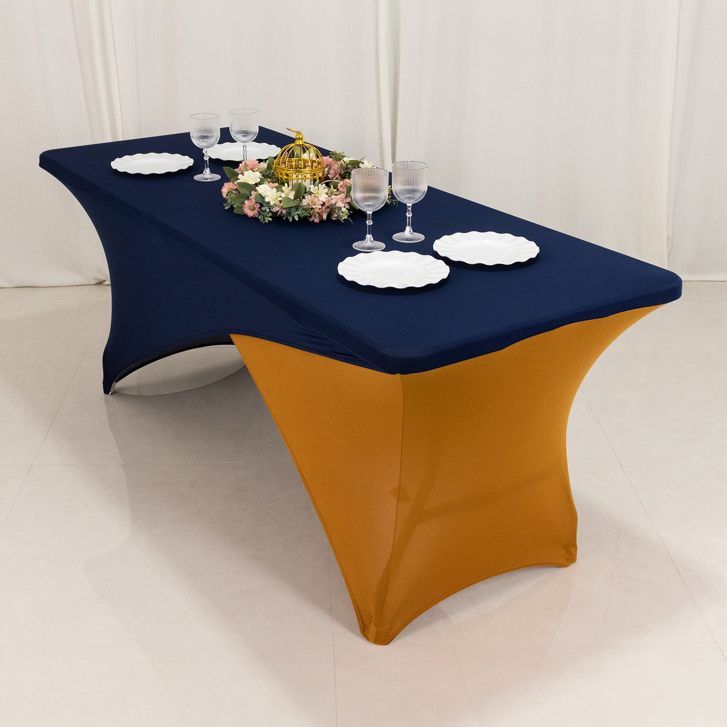 Navy Blue Gold Cross Over Stretch Spandex Table Cover 6ft Rectangular Fitted Tablecloth for 72"x30" Tables