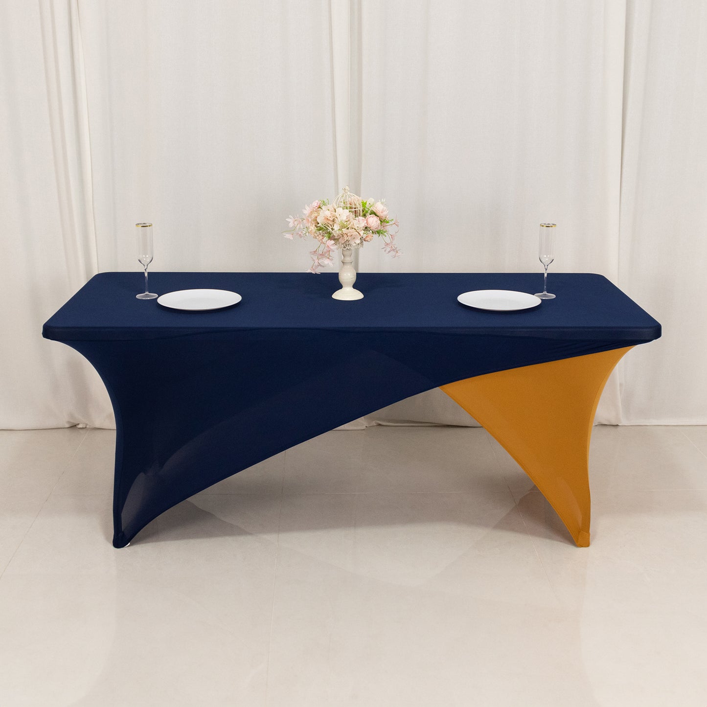 Navy Blue Gold Cross Over Stretch Spandex Table Cover 6ft Rectangular Fitted Tablecloth for 72"x30" Tables