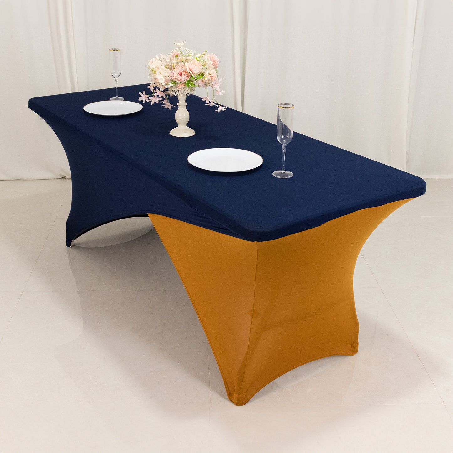 Navy Blue Gold Cross Over Stretch Spandex Table Cover 6ft Rectangular Fitted Tablecloth for 72"x30" Tables