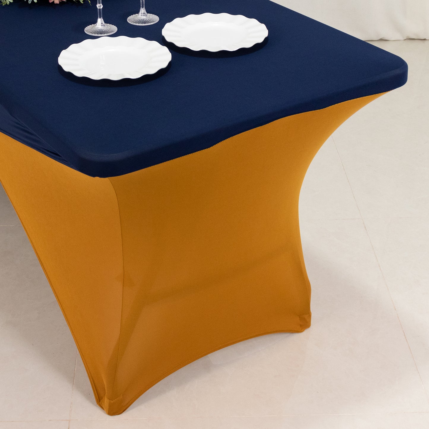 Navy Blue Gold Cross Over Stretch Spandex Table Cover 6ft Rectangular Fitted Tablecloth for 72"x30" Tables