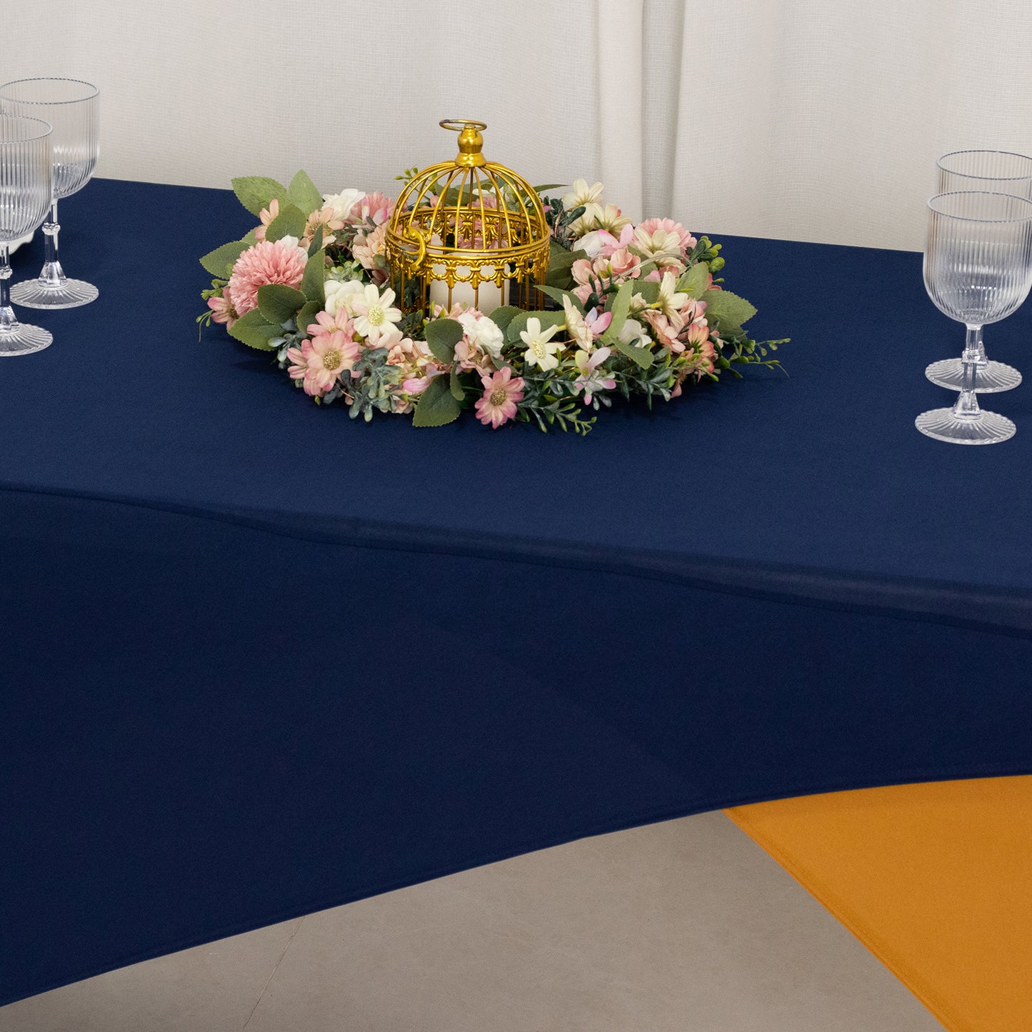 Navy Blue Gold Cross Over Stretch Spandex Table Cover 6ft Rectangular Fitted Tablecloth for 72"x30" Tables