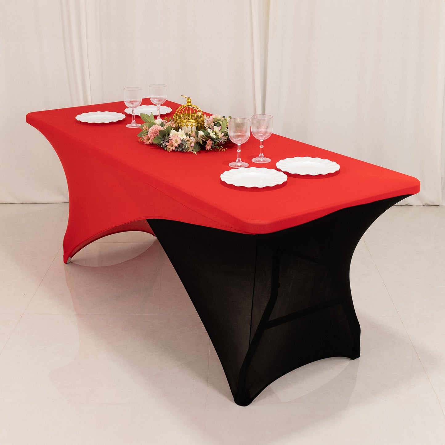 Red Black Cross Over Stretch Spandex Table Cover 6ft Rectangular Fitted Tablecloth for 72"x30" Tables