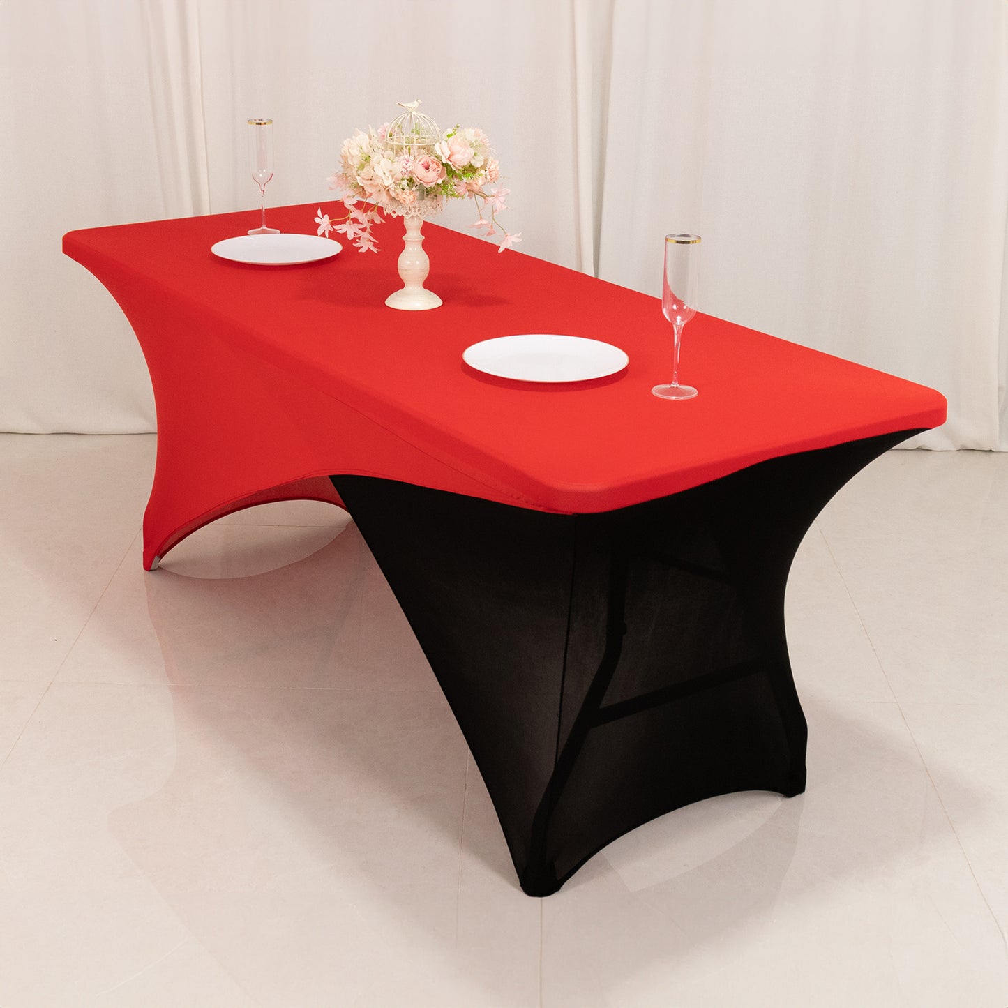 Red Black Cross Over Stretch Spandex Table Cover 6ft Rectangular Fitted Tablecloth for 72"x30" Tables