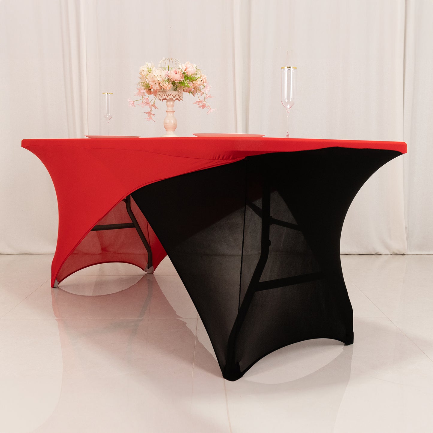 Red Black Cross Over Stretch Spandex Table Cover 6ft Rectangular Fitted Tablecloth for 72"x30" Tables