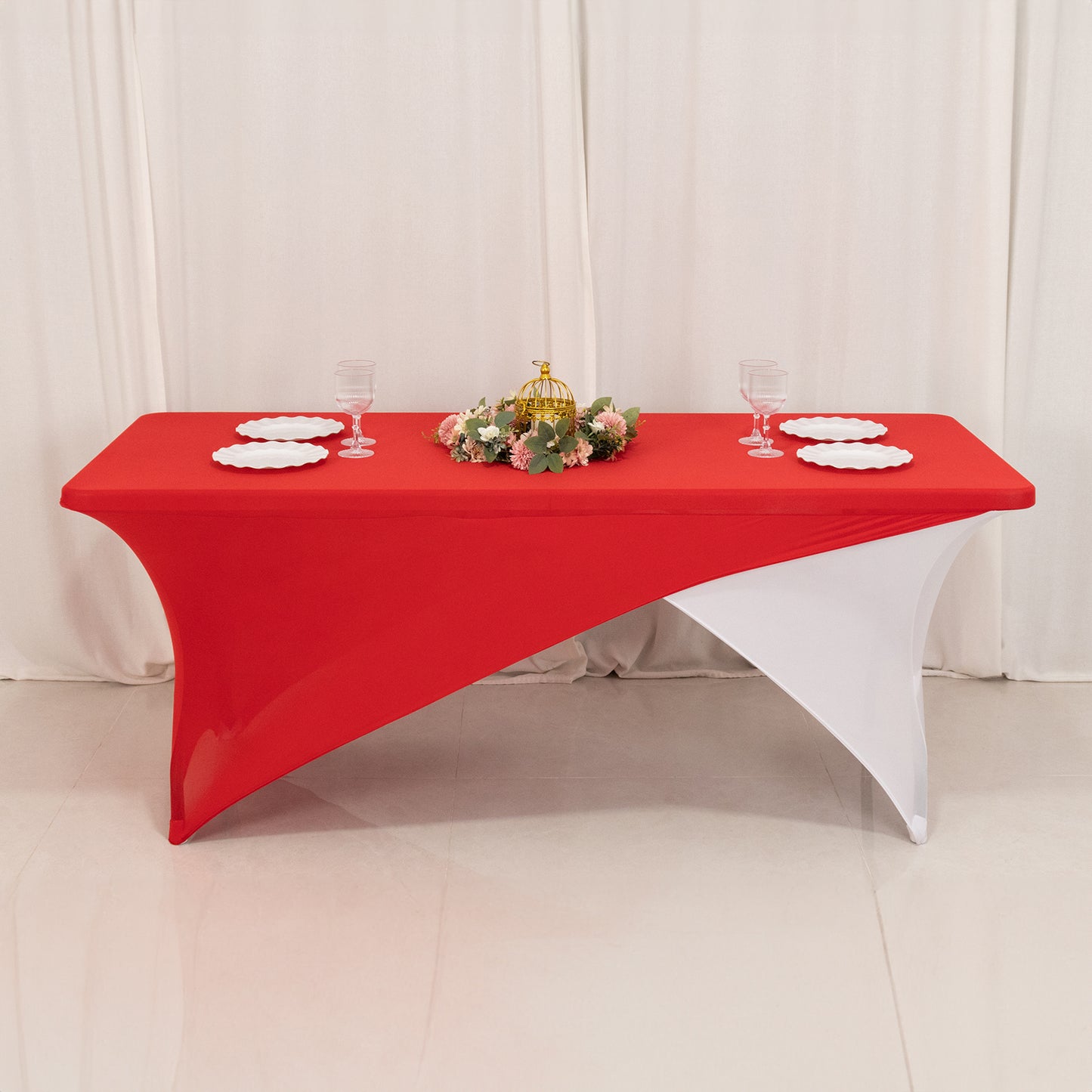 Red White Cross Over Stretch Spandex Table Cover 6ft Rectangular Fitted Tablecloth for 72"x30" Tables