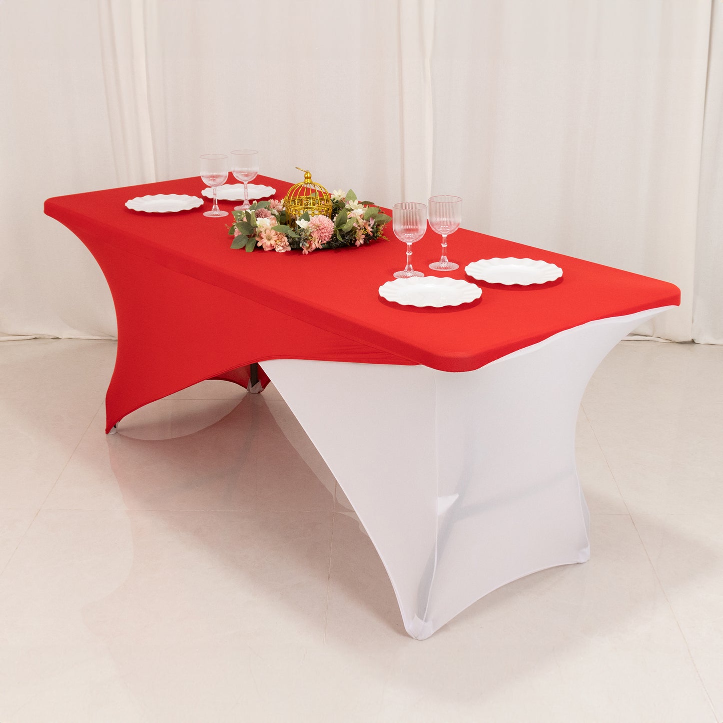 Red White Cross Over Stretch Spandex Table Cover 6ft Rectangular Fitted Tablecloth for 72"x30" Tables