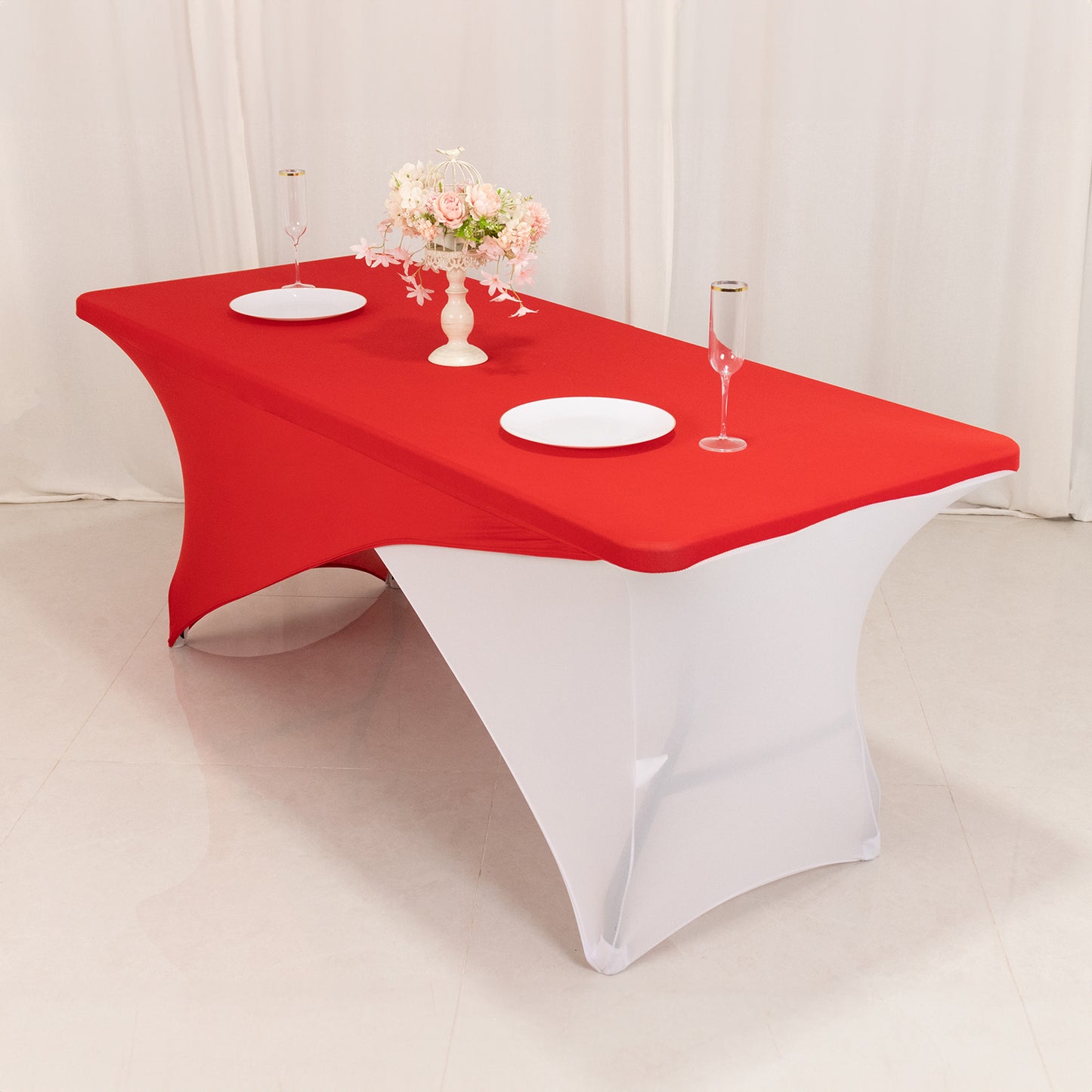 Red White Cross Over Stretch Spandex Table Cover 6ft Rectangular Fitted Tablecloth for 72"x30" Tables