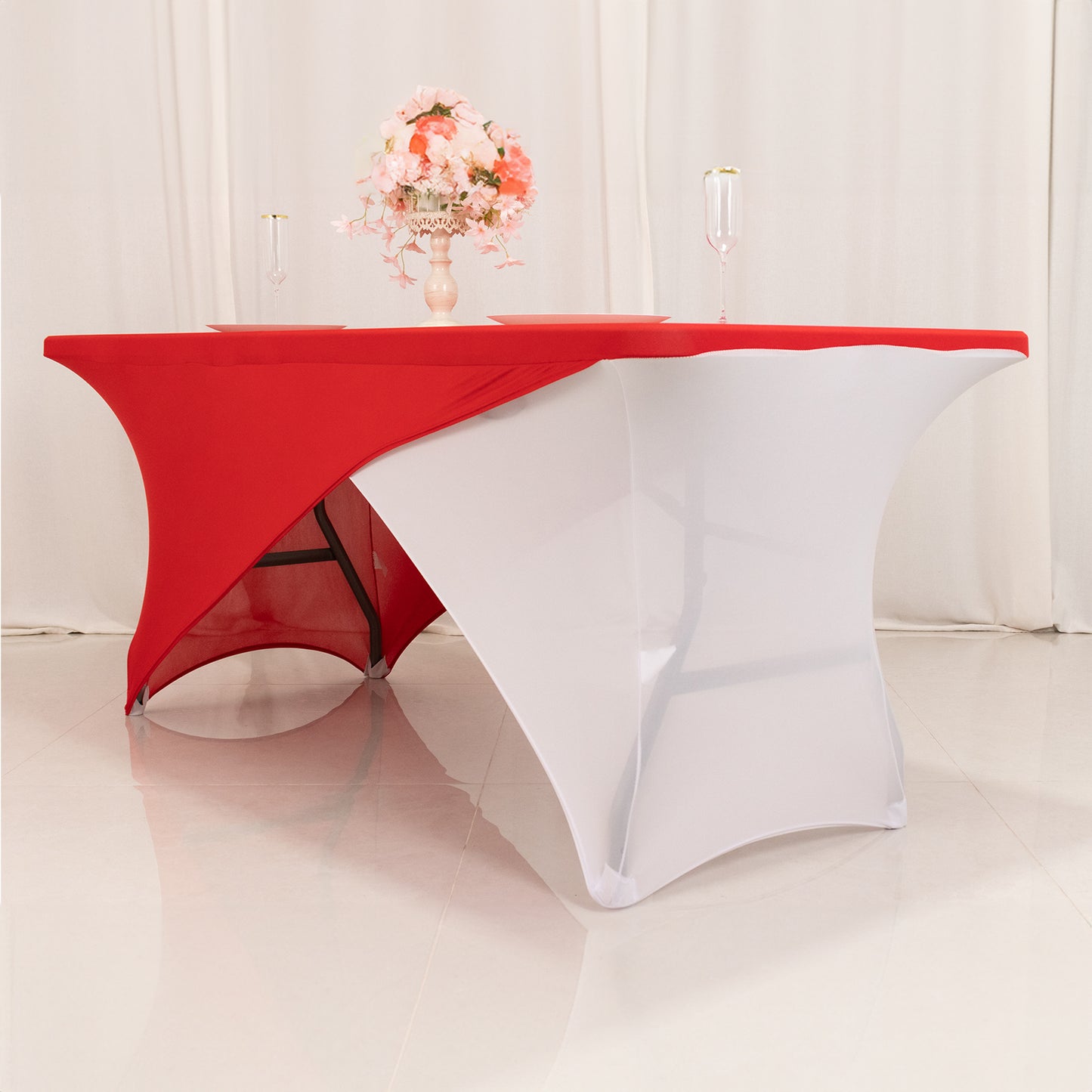 Red White Cross Over Stretch Spandex Table Cover 6ft Rectangular Fitted Tablecloth for 72"x30" Tables