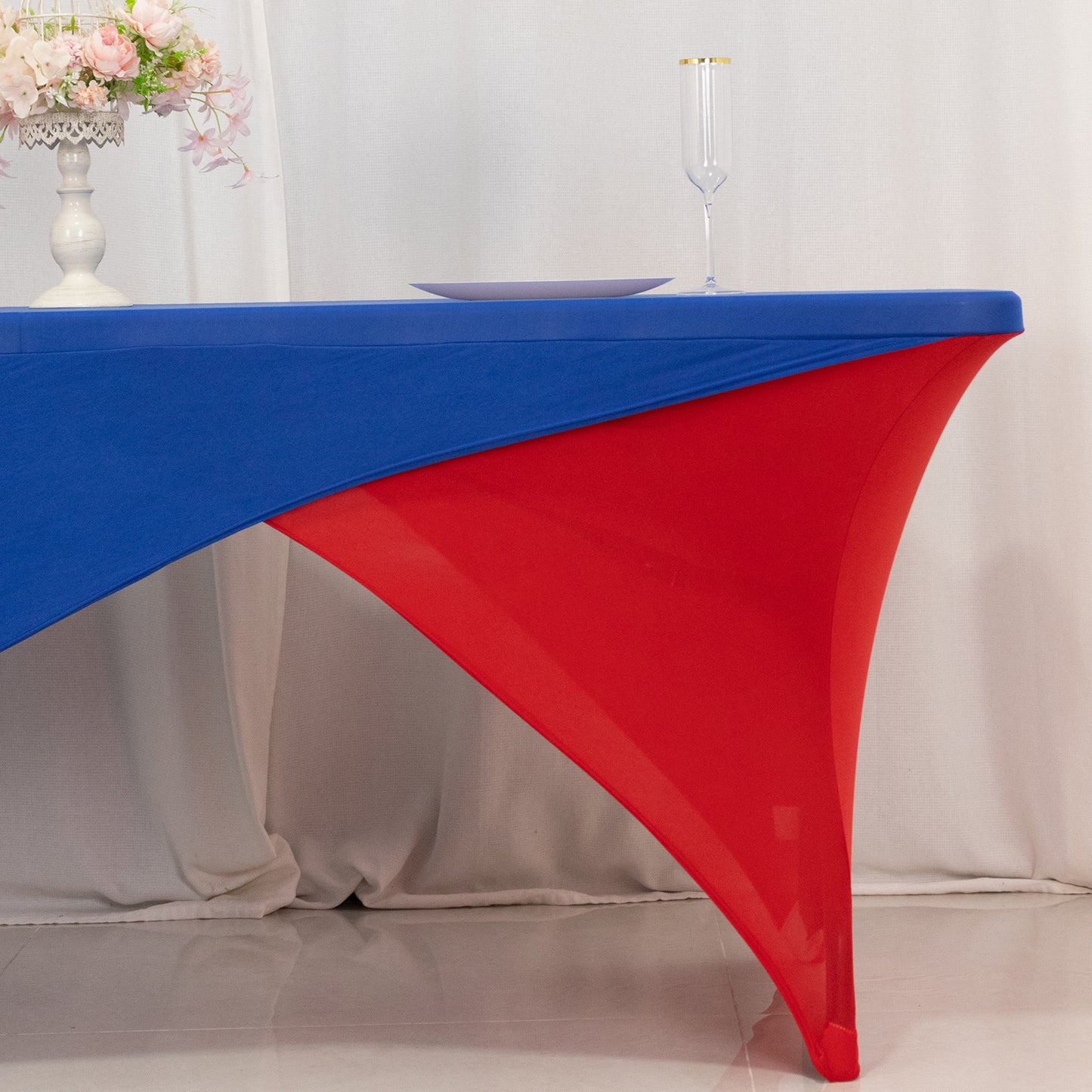 Royal Blue Red Cross Over Stretch Spandex Table Cover 6ft Rectangular Fitted Tablecloth for 72"x30" Tables