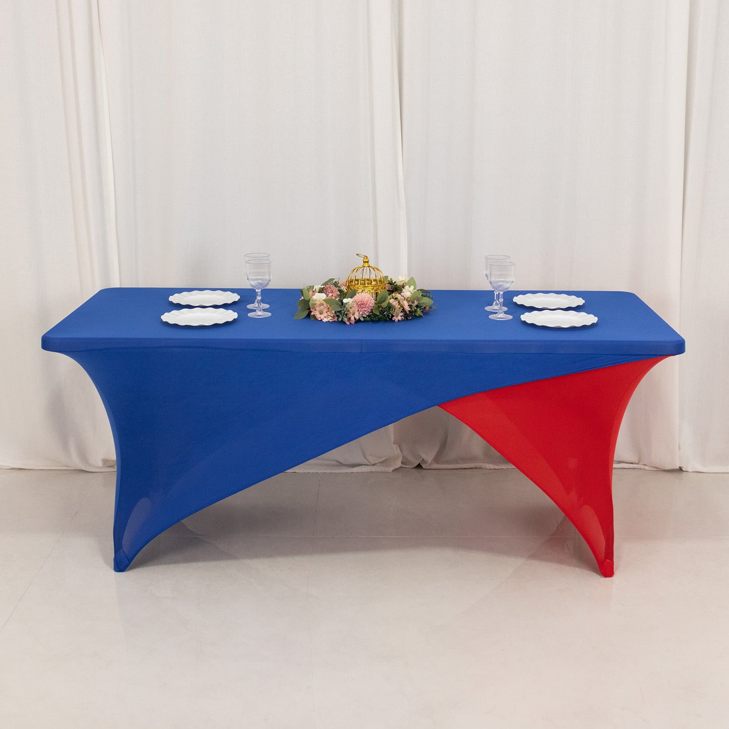 Royal Blue Red Cross Over Stretch Spandex Table Cover 6ft Rectangular Fitted Tablecloth for 72"x30" Tables