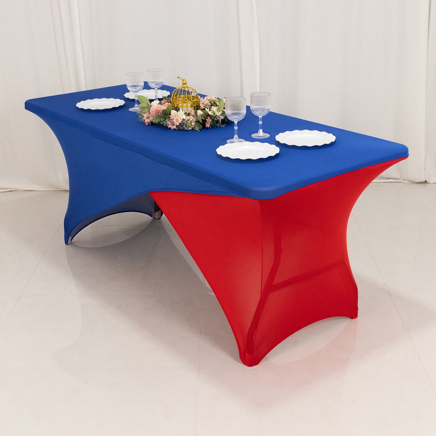 Royal Blue Red Cross Over Stretch Spandex Table Cover 6ft Rectangular Fitted Tablecloth for 72"x30" Tables