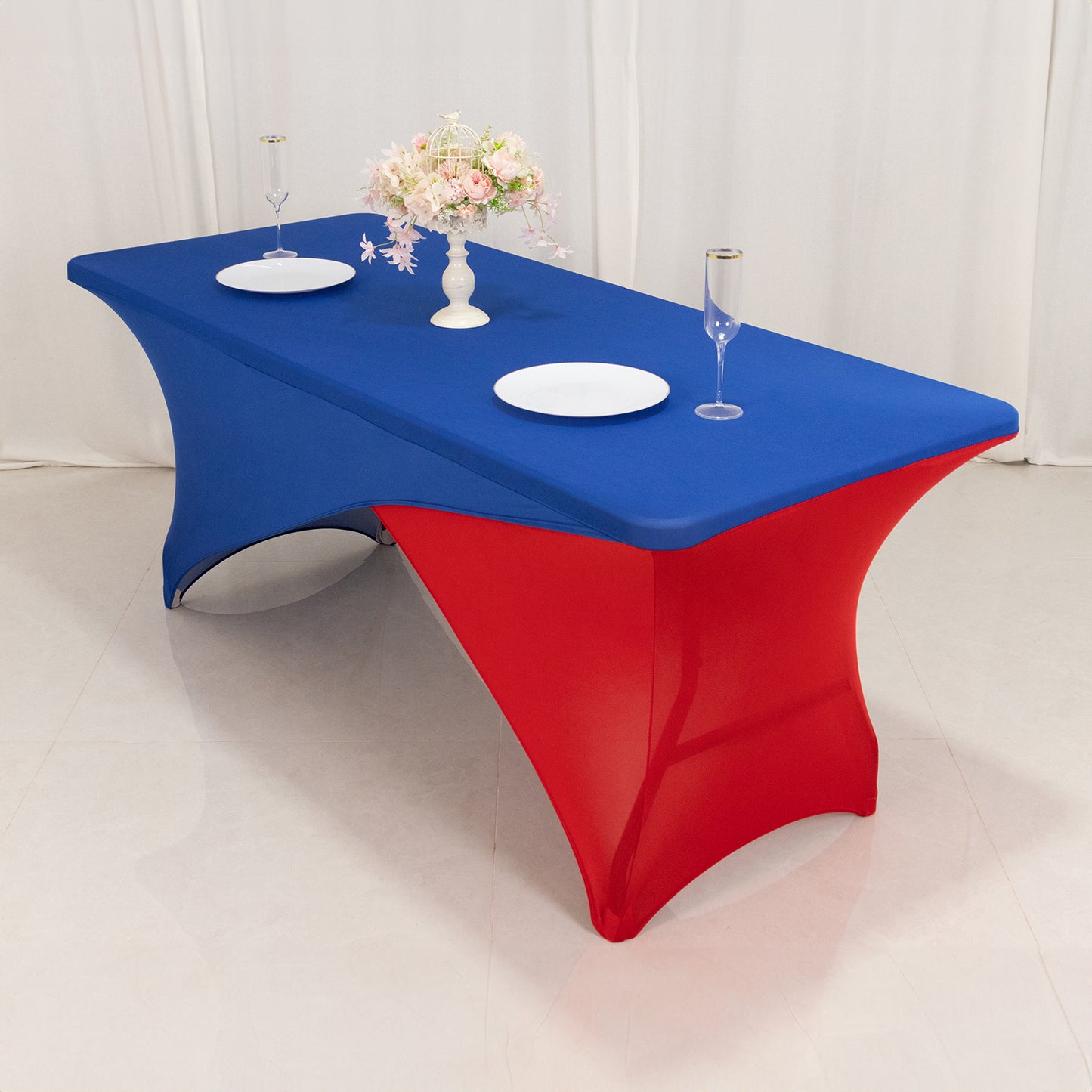 Royal Blue Red Cross Over Stretch Spandex Table Cover 6ft Rectangular Fitted Tablecloth for 72"x30" Tables