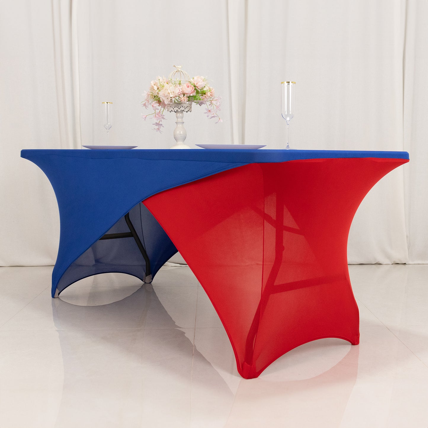 Royal Blue Red Cross Over Stretch Spandex Table Cover 6ft Rectangular Fitted Tablecloth for 72"x30" Tables