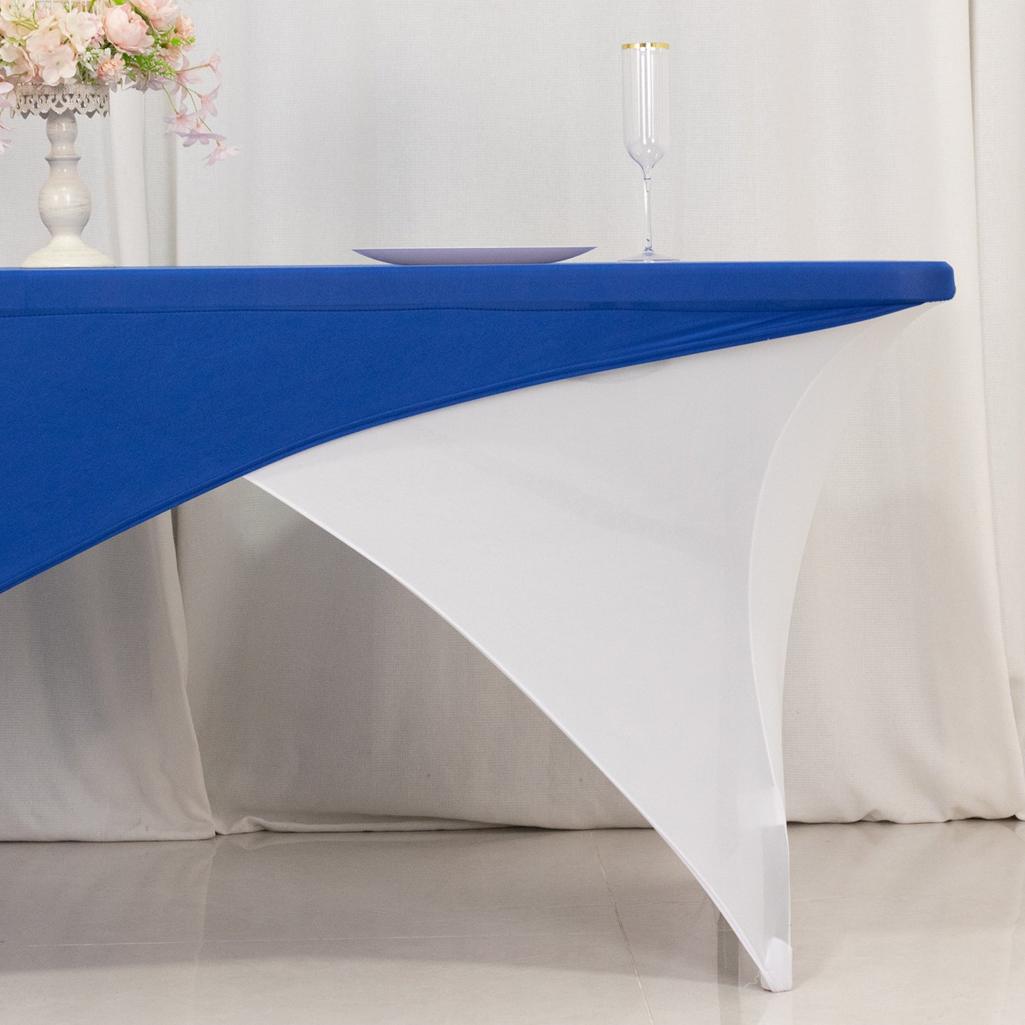 Royal Blue White Cross Over Stretch Spandex Table Cover 6ft Rectangular Fitted Tablecloth for 72"x30" Tables