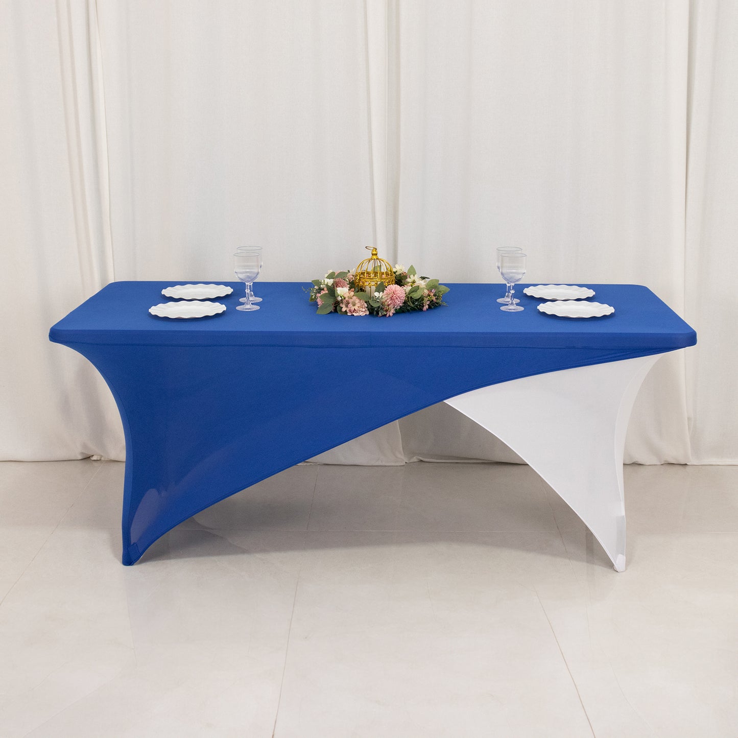 Royal Blue White Cross Over Stretch Spandex Table Cover 6ft Rectangular Fitted Tablecloth for 72"x30" Tables