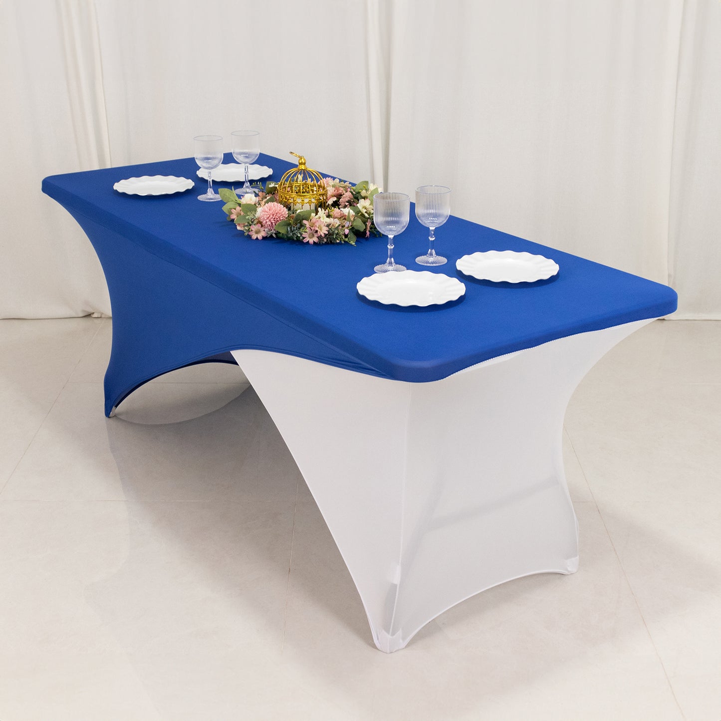 Royal Blue White Cross Over Stretch Spandex Table Cover 6ft Rectangular Fitted Tablecloth for 72"x30" Tables