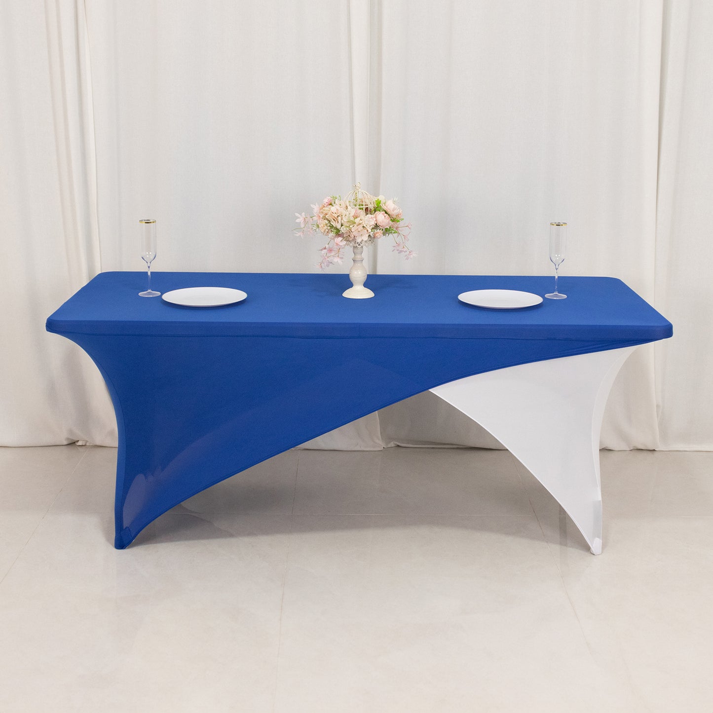 Royal Blue White Cross Over Stretch Spandex Table Cover 6ft Rectangular Fitted Tablecloth for 72"x30" Tables