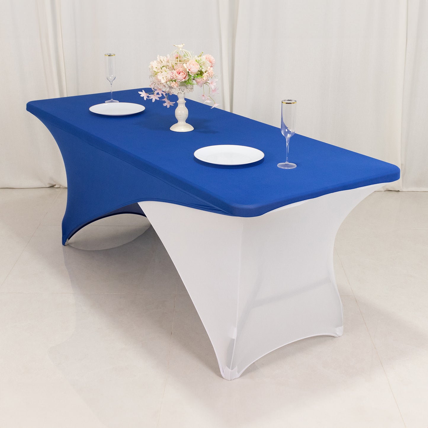 Royal Blue White Cross Over Stretch Spandex Table Cover 6ft Rectangular Fitted Tablecloth for 72"x30" Tables