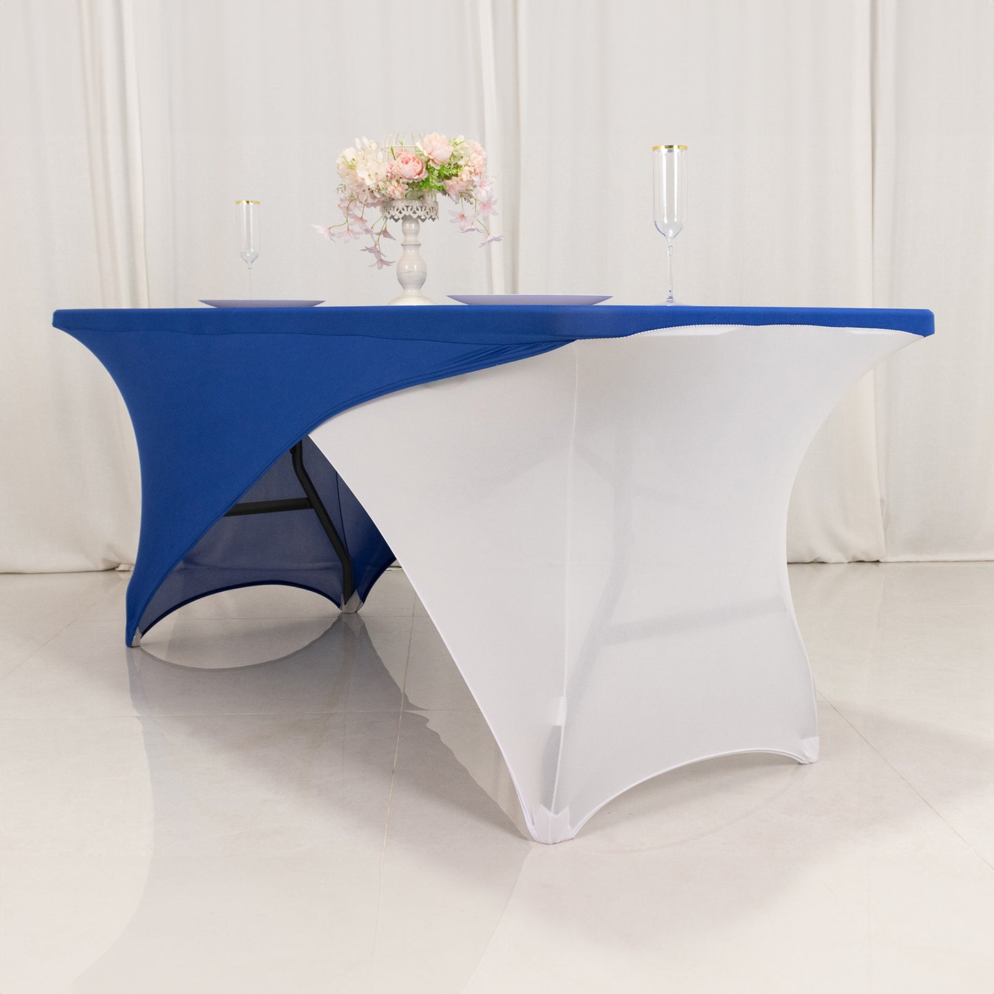 Royal Blue White Cross Over Stretch Spandex Table Cover 6ft Rectangular Fitted Tablecloth for 72"x30" Tables