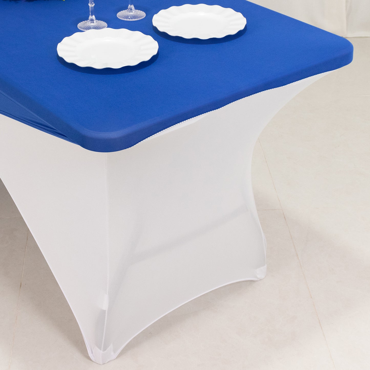 Royal Blue White Cross Over Stretch Spandex Table Cover 6ft Rectangular Fitted Tablecloth for 72"x30" Tables