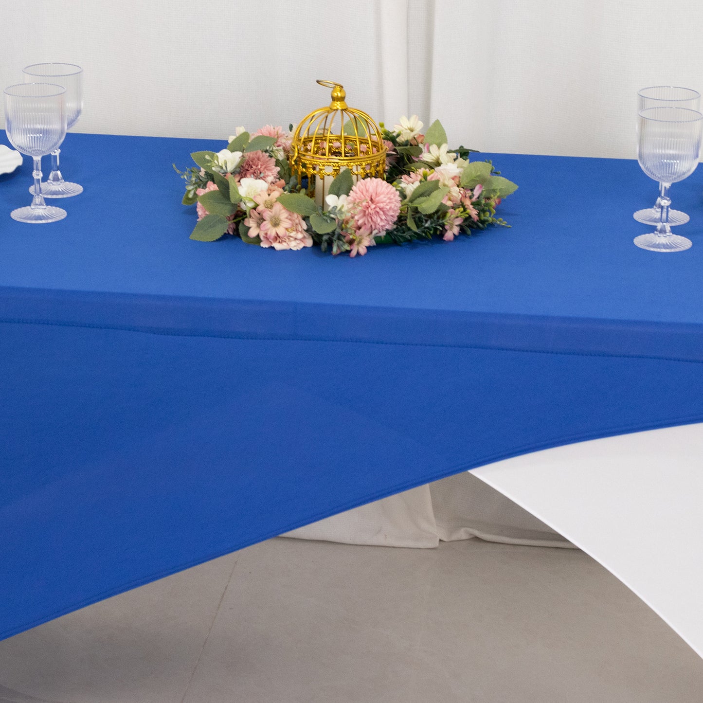 Royal Blue White Cross Over Stretch Spandex Table Cover 6ft Rectangular Fitted Tablecloth for 72"x30" Tables