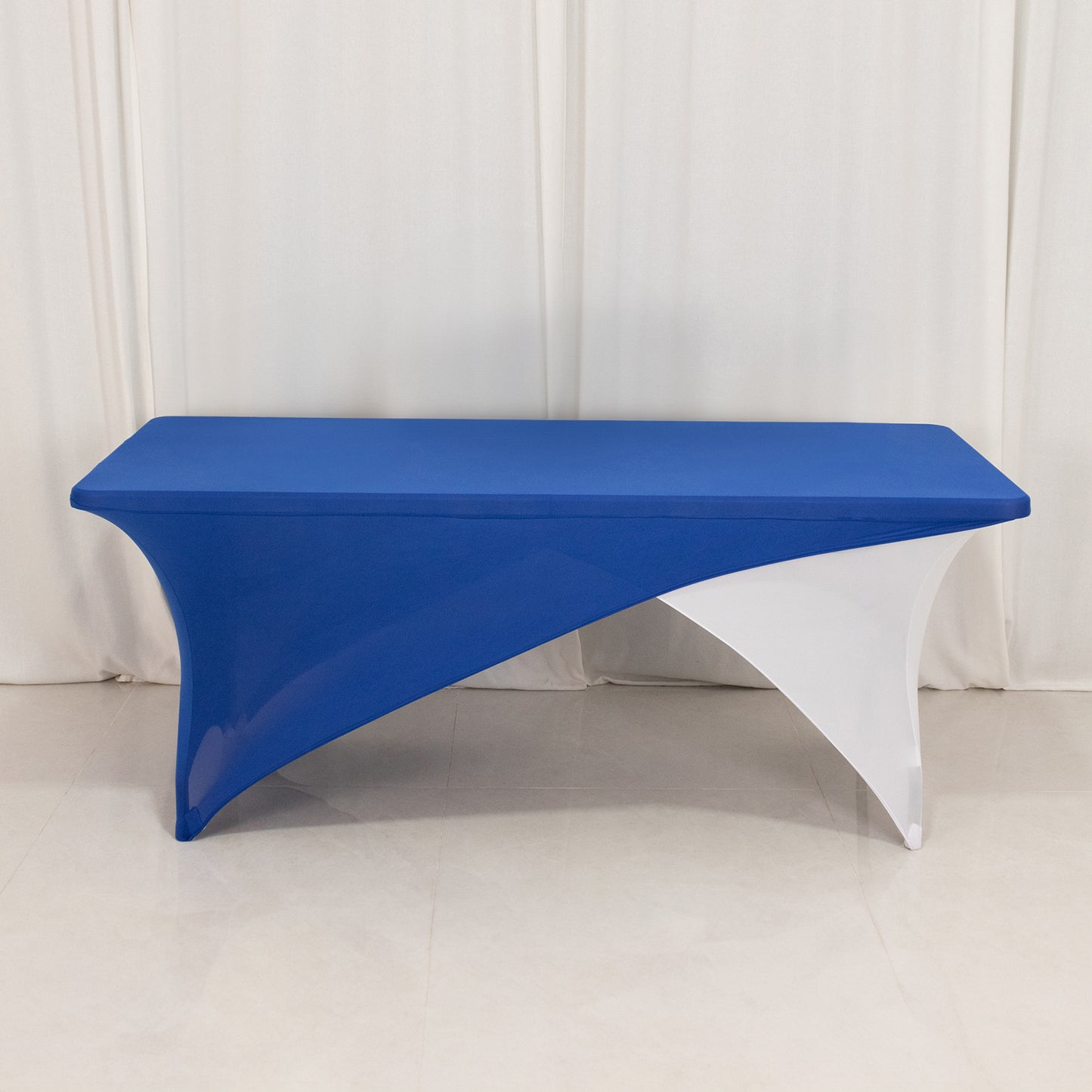 Royal Blue White Cross Over Stretch Spandex Table Cover 6ft Rectangular Fitted Tablecloth for 72"x30" Tables