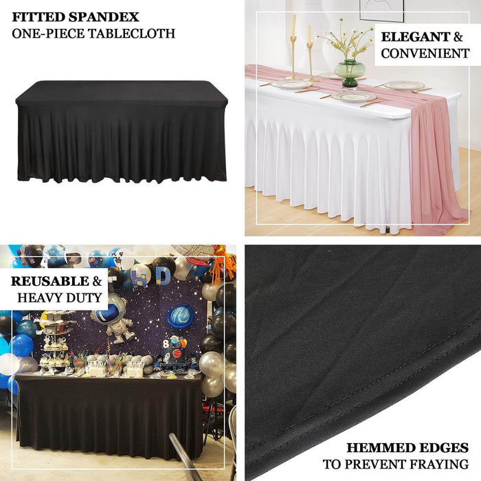 Black Wavy Spandex Fitted Rectangle 1-Piece Tablecloth Table Skirt 6ft, Stretchy Table Skirt Cover with Ruffles For 72"x30" Tables