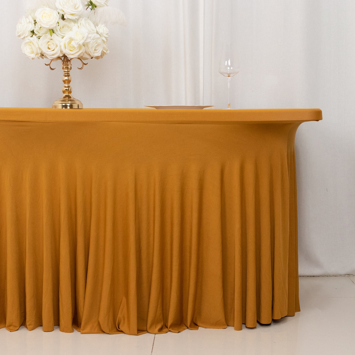 Gold Wavy Spandex Fitted Rectangle 1-Piece Tablecloth Table Skirt 6ft, Stretchy Table Skirt Cover with Ruffles For 72"x30" Tables