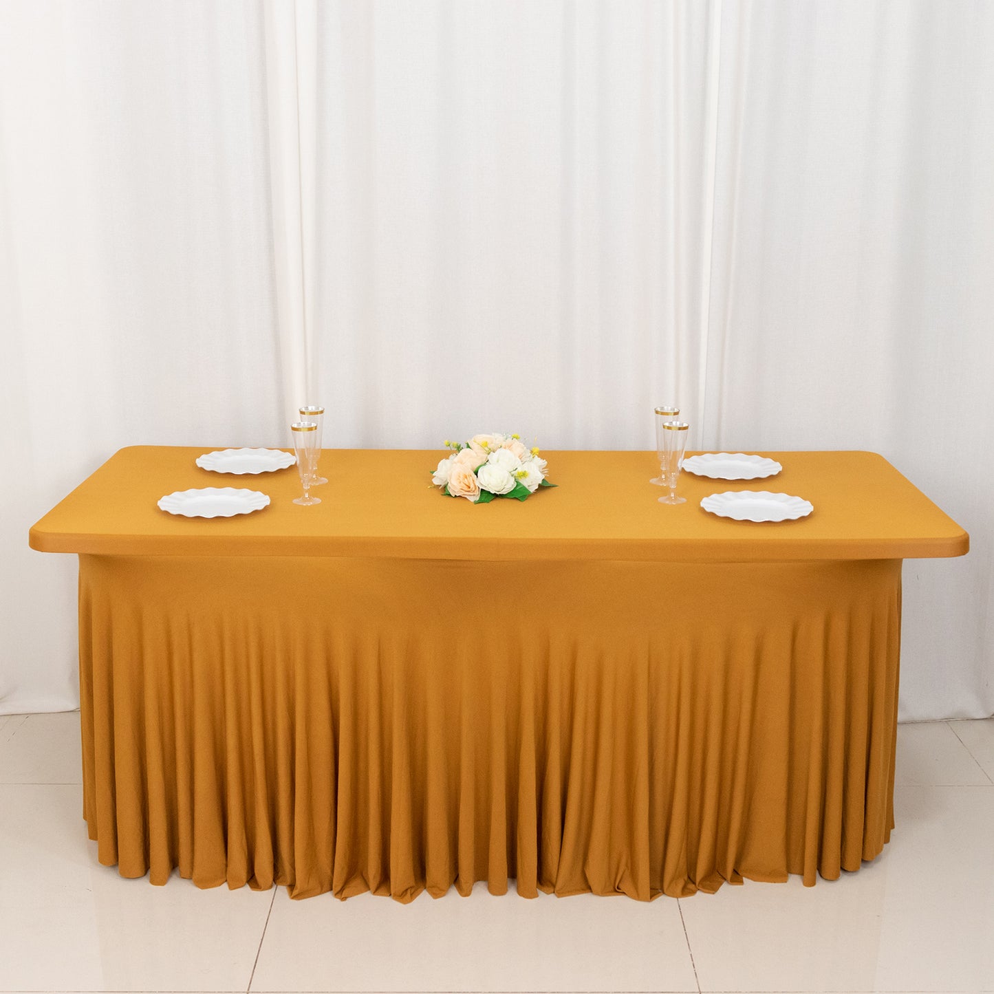 Gold Wavy Spandex Fitted Rectangle 1-Piece Tablecloth Table Skirt 6ft, Stretchy Table Skirt Cover with Ruffles For 72"x30" Tables