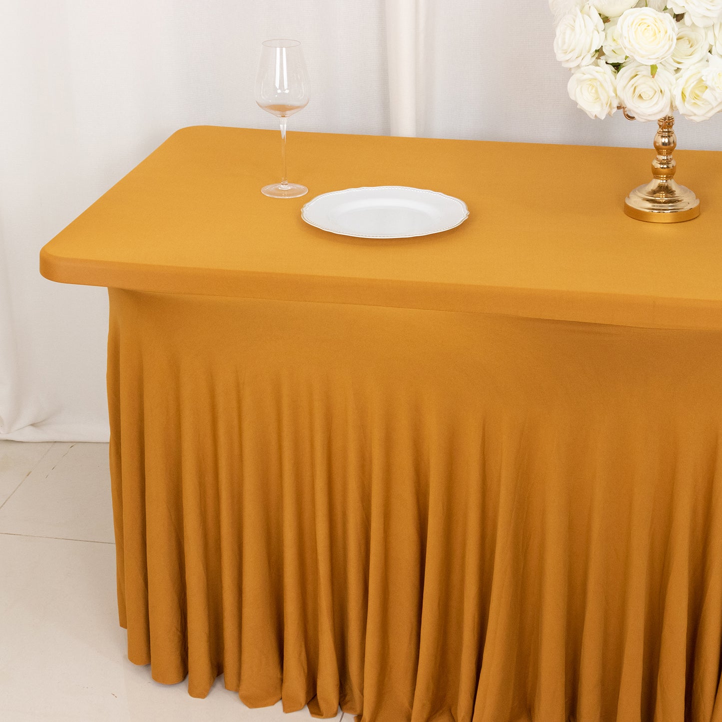 Gold Wavy Spandex Fitted Rectangle 1-Piece Tablecloth Table Skirt 6ft, Stretchy Table Skirt Cover with Ruffles For 72"x30" Tables