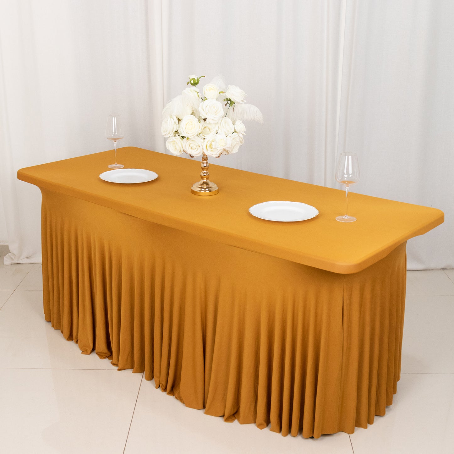 Gold Wavy Spandex Fitted Rectangle 1-Piece Tablecloth Table Skirt 6ft, Stretchy Table Skirt Cover with Ruffles For 72"x30" Tables