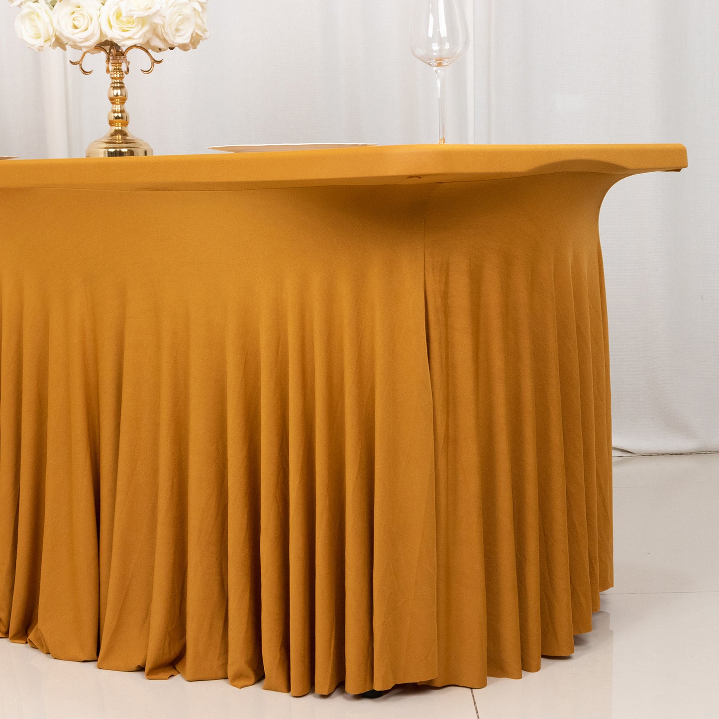 Gold Wavy Spandex Fitted Rectangle 1-Piece Tablecloth Table Skirt 6ft, Stretchy Table Skirt Cover with Ruffles For 72"x30" Tables