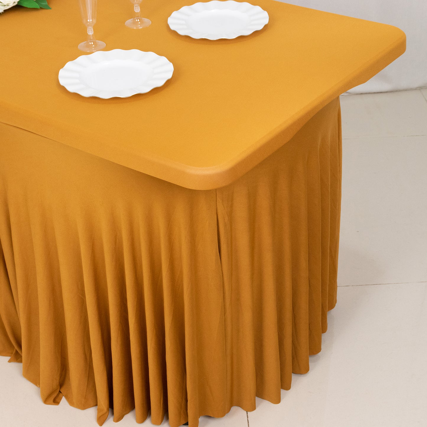 Gold Wavy Spandex Fitted Rectangle 1-Piece Tablecloth Table Skirt 6ft, Stretchy Table Skirt Cover with Ruffles For 72"x30" Tables