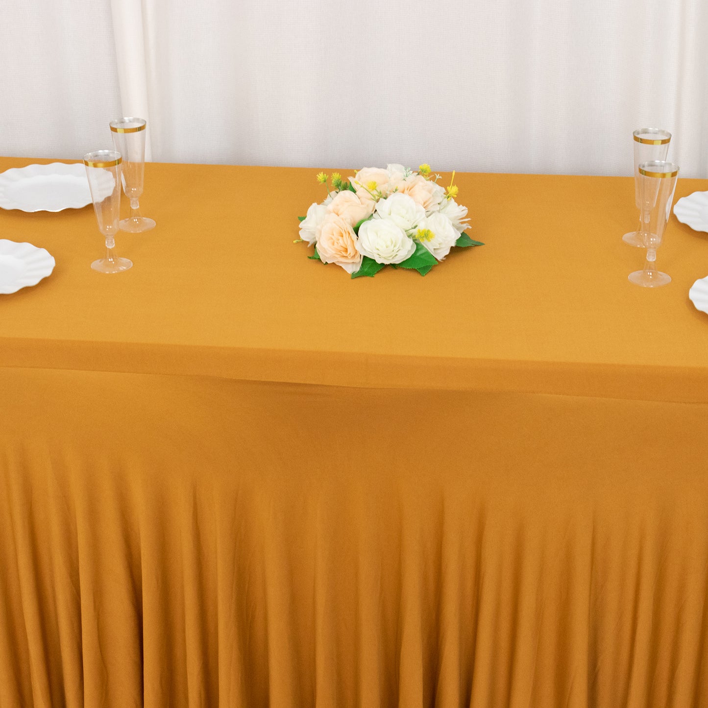 Gold Wavy Spandex Fitted Rectangle 1-Piece Tablecloth Table Skirt 6ft, Stretchy Table Skirt Cover with Ruffles For 72"x30" Tables