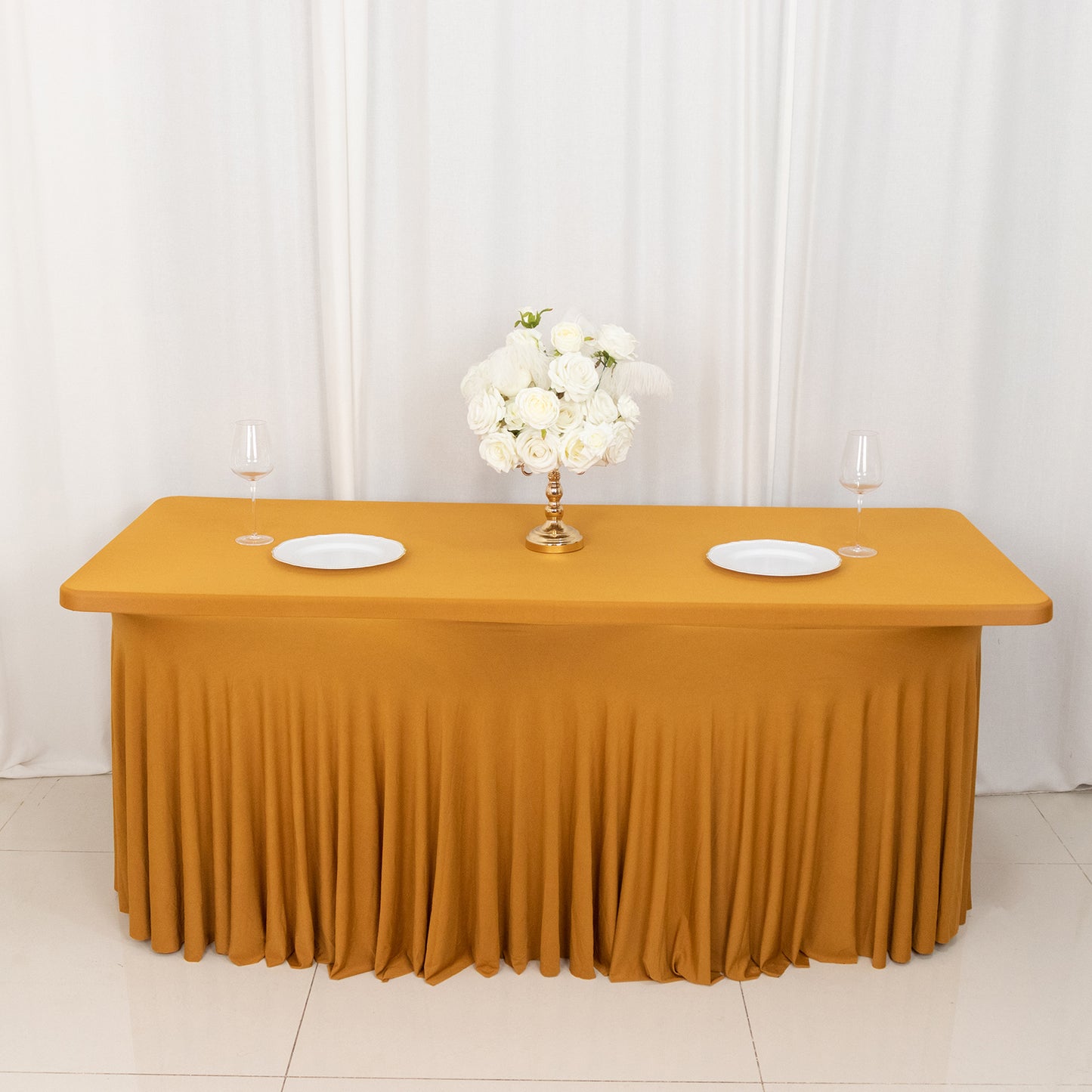 Gold Wavy Spandex Fitted Rectangle 1-Piece Tablecloth Table Skirt 6ft, Stretchy Table Skirt Cover with Ruffles For 72"x30" Tables