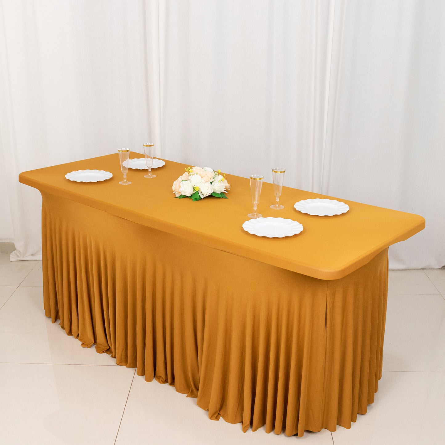 Gold Wavy Spandex Fitted Rectangle 1-Piece Tablecloth Table Skirt 6ft, Stretchy Table Skirt Cover with Ruffles For 72"x30" Tables