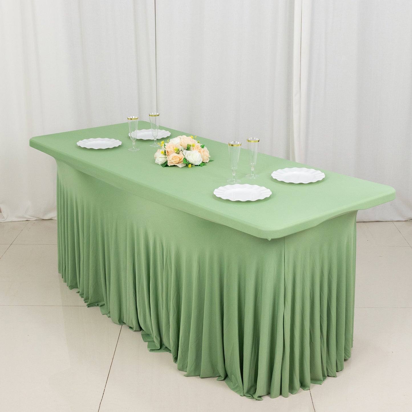 Sage Green Wavy Spandex Fitted Rectangle 1-Piece Tablecloth Table Skirt 6ft, Stretchy Table Skirt Cover with Ruffles For 72"x30" Tables