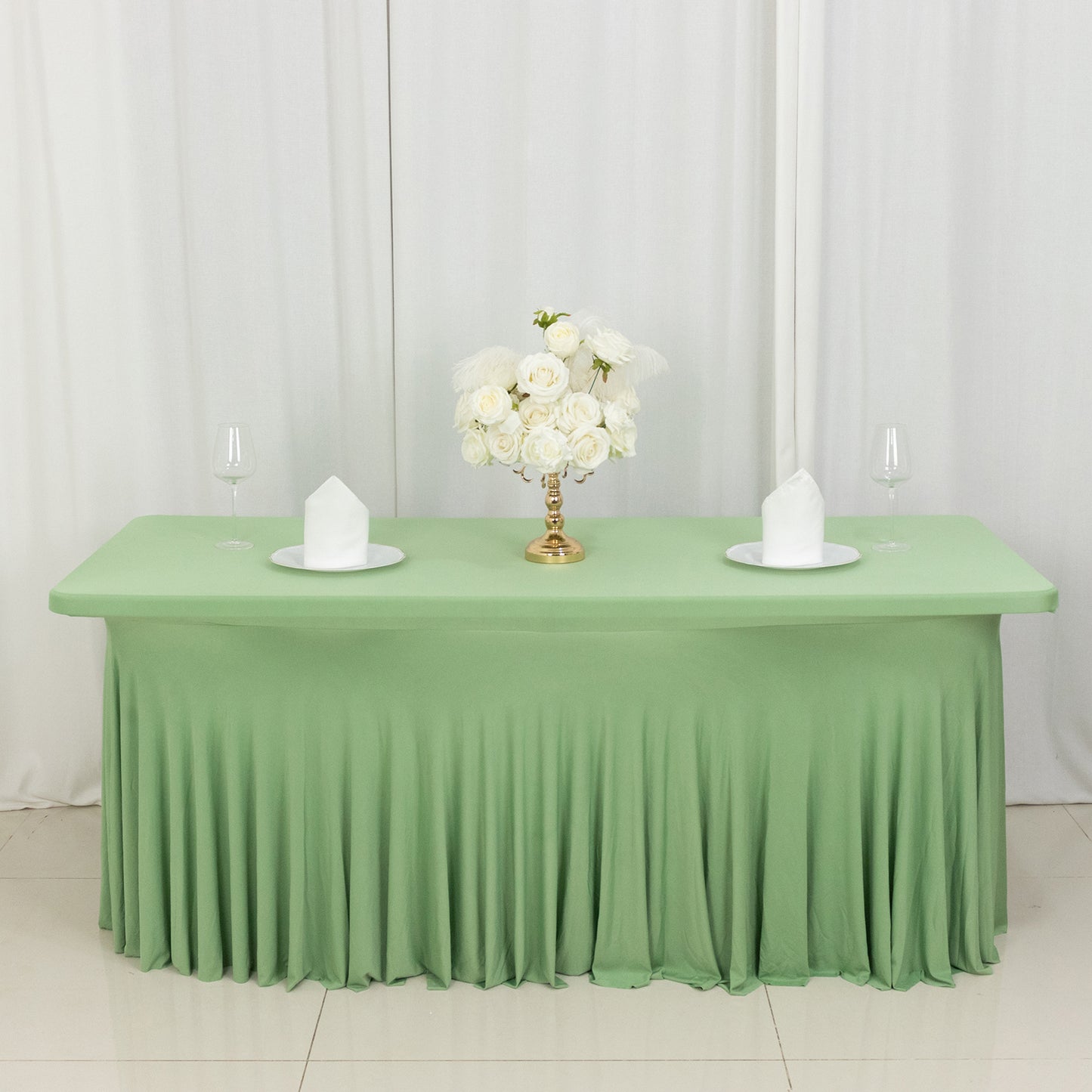 Sage Green Wavy Spandex Fitted Rectangle 1-Piece Tablecloth Table Skirt 6ft, Stretchy Table Skirt Cover with Ruffles For 72"x30" Tables