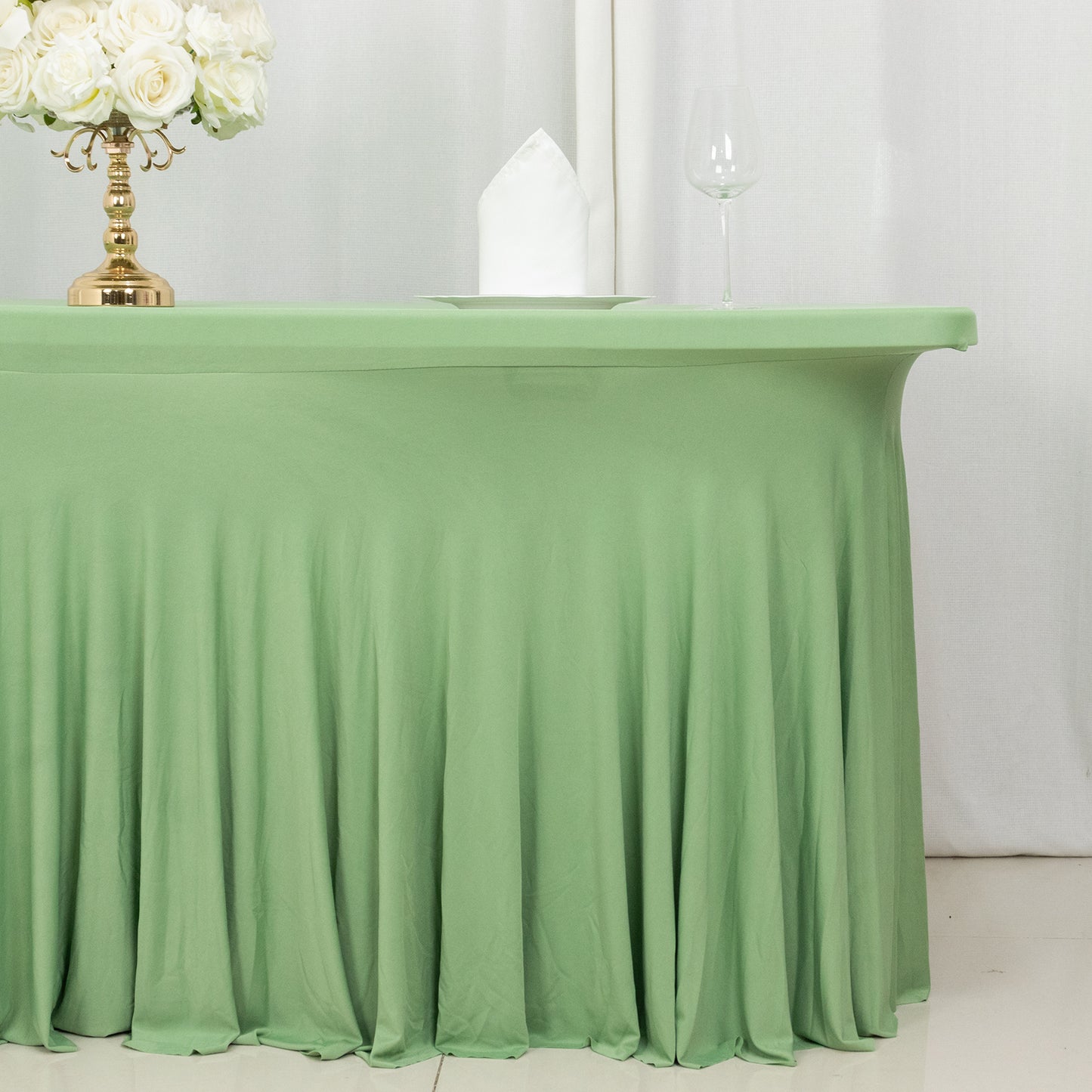 Sage Green Wavy Spandex Fitted Rectangle 1-Piece Tablecloth Table Skirt 6ft, Stretchy Table Skirt Cover with Ruffles For 72"x30" Tables