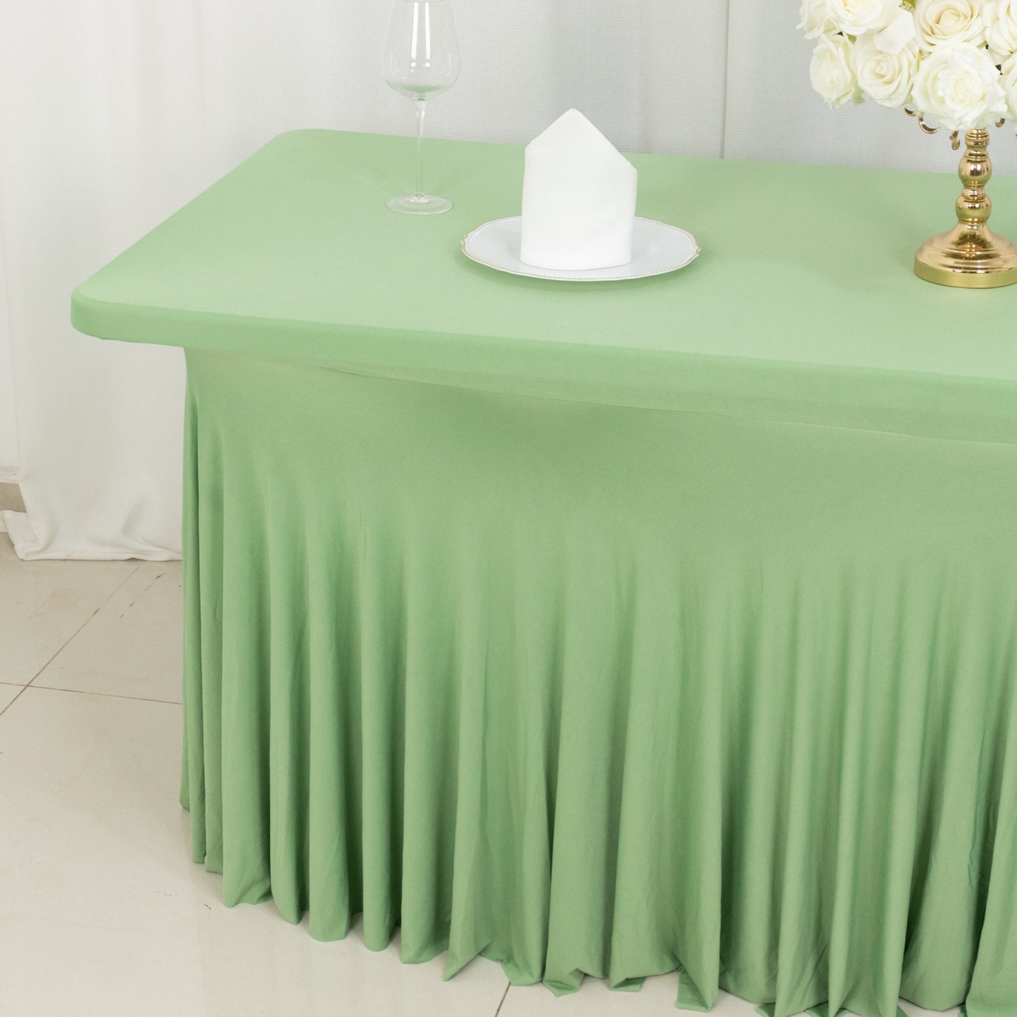 Sage Green Wavy Spandex Fitted Rectangle 1-Piece Tablecloth Table Skirt 6ft, Stretchy Table Skirt Cover with Ruffles For 72"x30" Tables