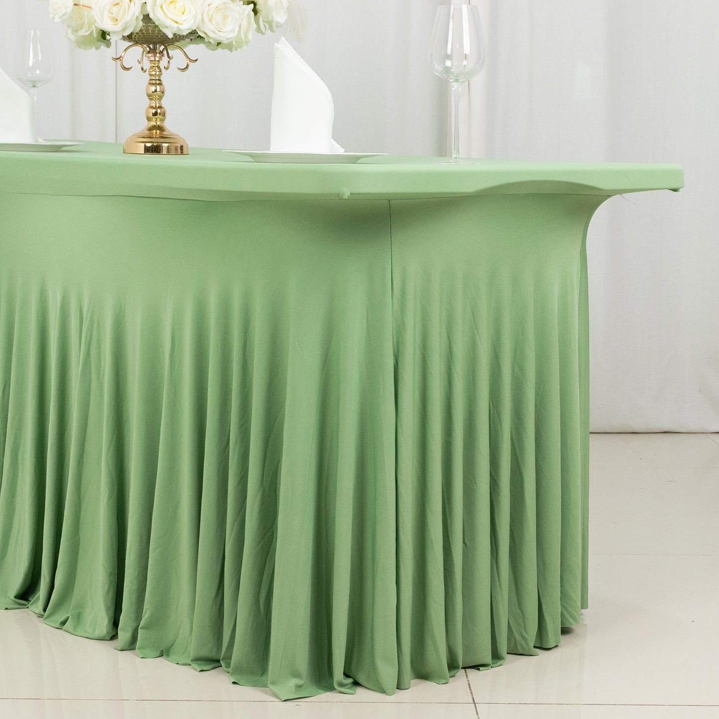 Sage Green Wavy Spandex Fitted Rectangle 1-Piece Tablecloth Table Skirt 6ft, Stretchy Table Skirt Cover with Ruffles For 72"x30" Tables