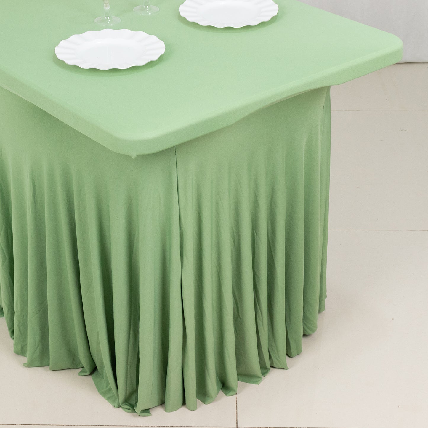 Sage Green Wavy Spandex Fitted Rectangle 1-Piece Tablecloth Table Skirt 6ft, Stretchy Table Skirt Cover with Ruffles For 72"x30" Tables