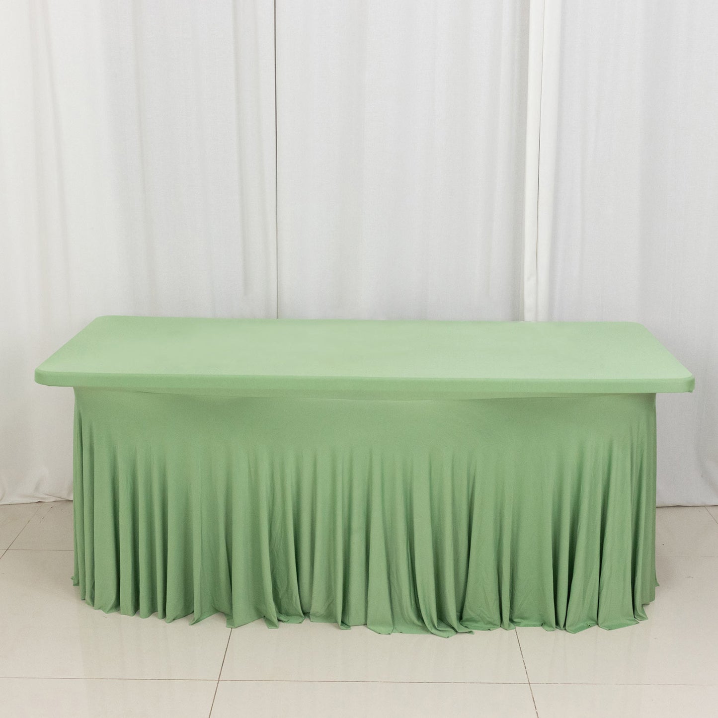 Sage Green Wavy Spandex Fitted Rectangle 1-Piece Tablecloth Table Skirt 6ft, Stretchy Table Skirt Cover with Ruffles For 72"x30" Tables