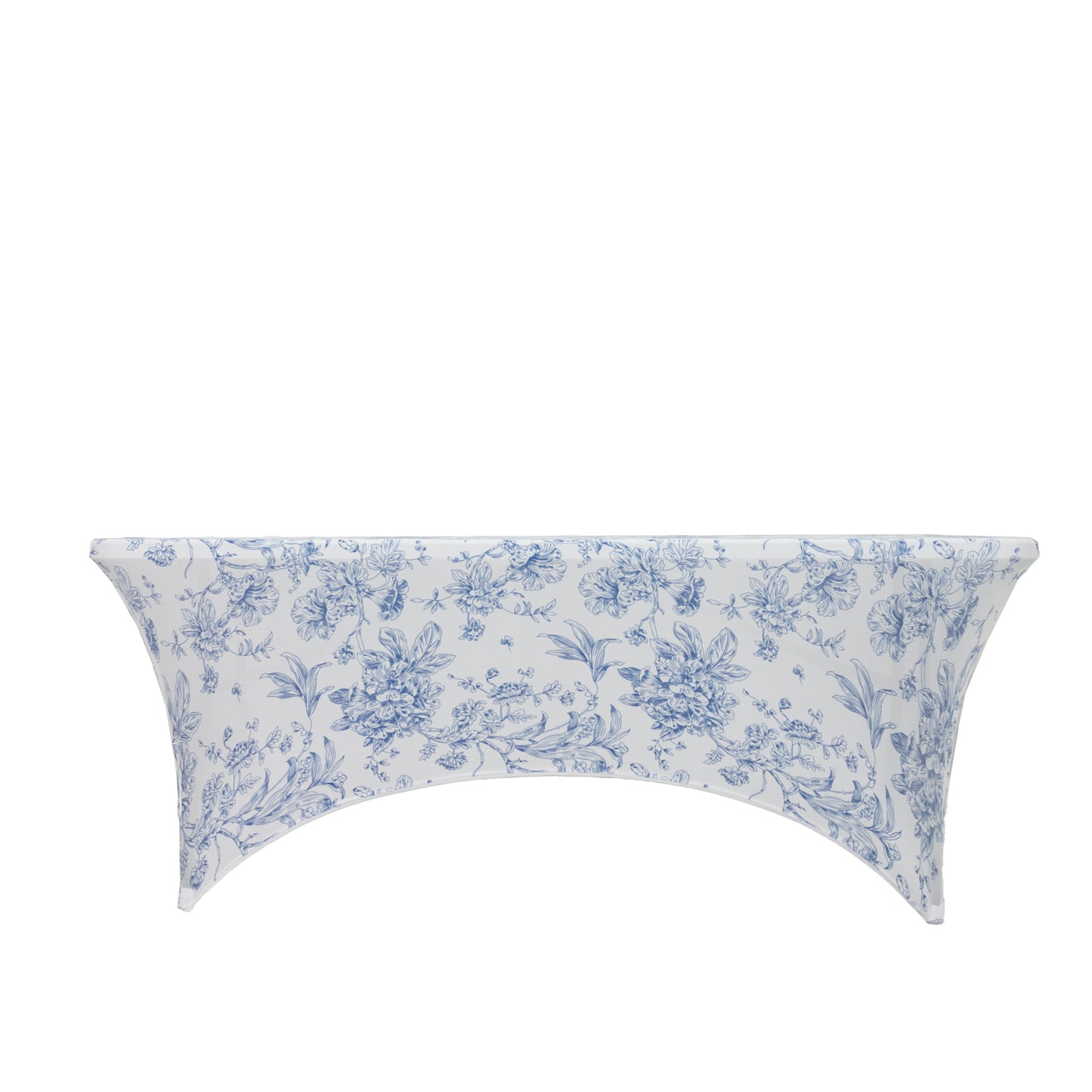 6ft Spandex Fitted Rectangle Tablecloth – White & Blue French Toile Wrinkle-Free Stretch Table Cover